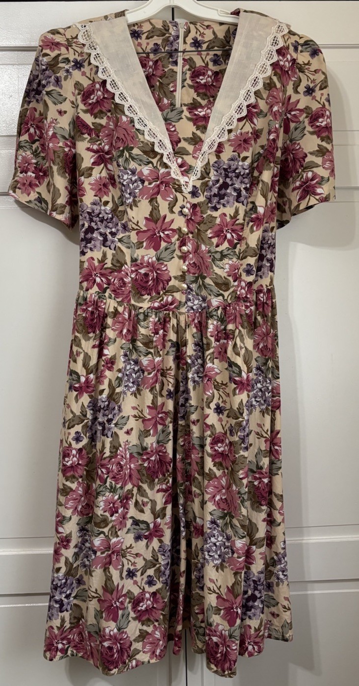 Vintage Floral Lace Collar Midi Dress~ Sz 12/14? Tea Garden Party COTTAGECORE