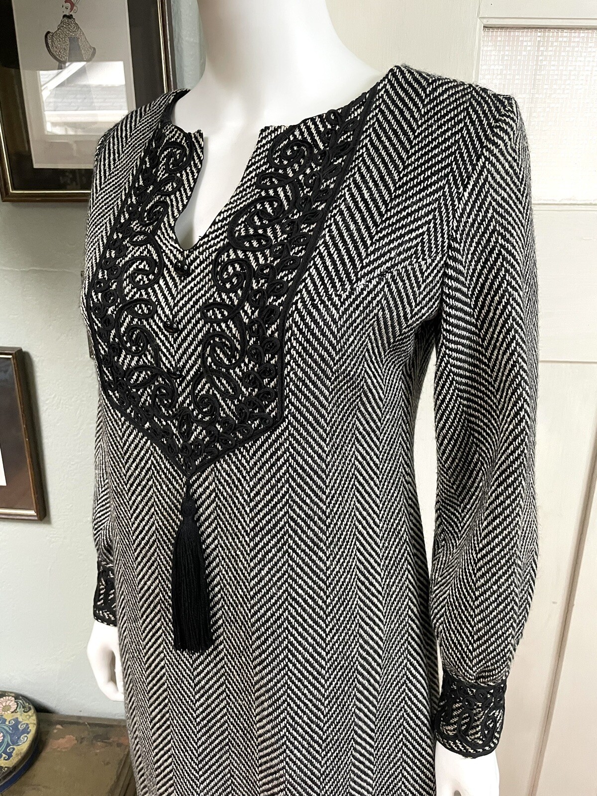 Vintage 60s Small/Med California Charmer black and white herringbone shift Dress