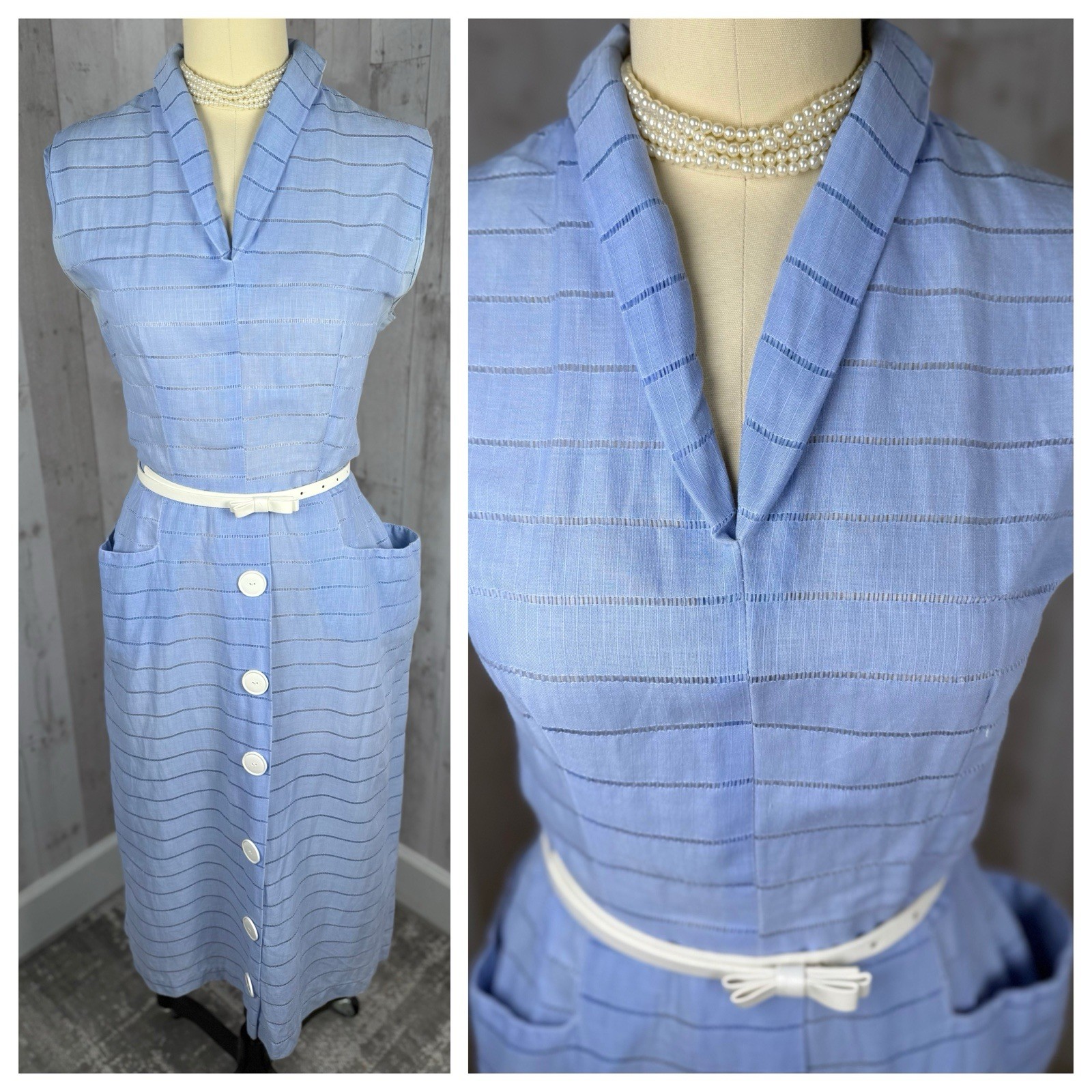 Vintage 1940s DRESS Frock Cotton Day DRESS Pale Blue Retro Pinup WWII S/M