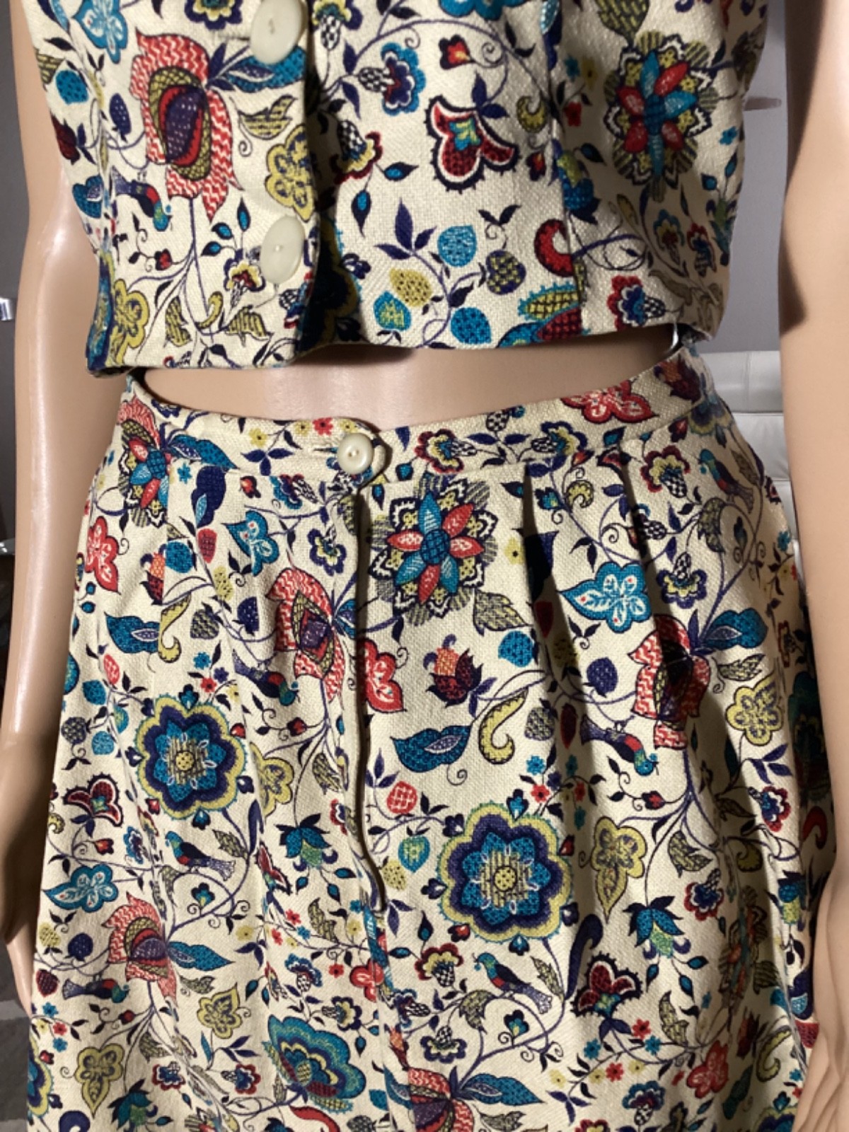 Vintage 60’s 70’s Garland Cotton Floral Bird Print Skirt & Top Set Boho Hippie