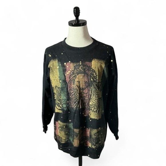 Vintage 1993 Hanes Lion Tiger Panther Rasta Glitter Splatter Sweatshirt OSFM