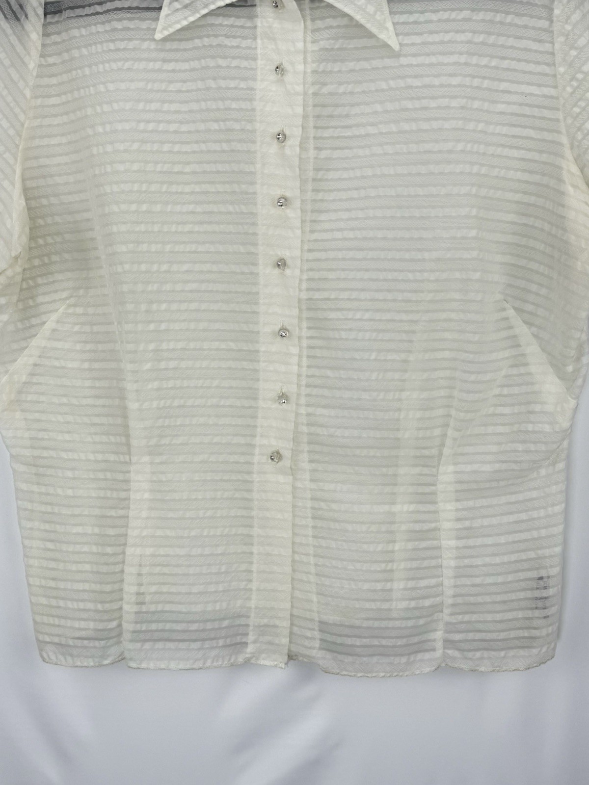 Vintage 50s Sheer Ivory Nylon Blouse Size 38 Short Sleeve Striped Point Collar