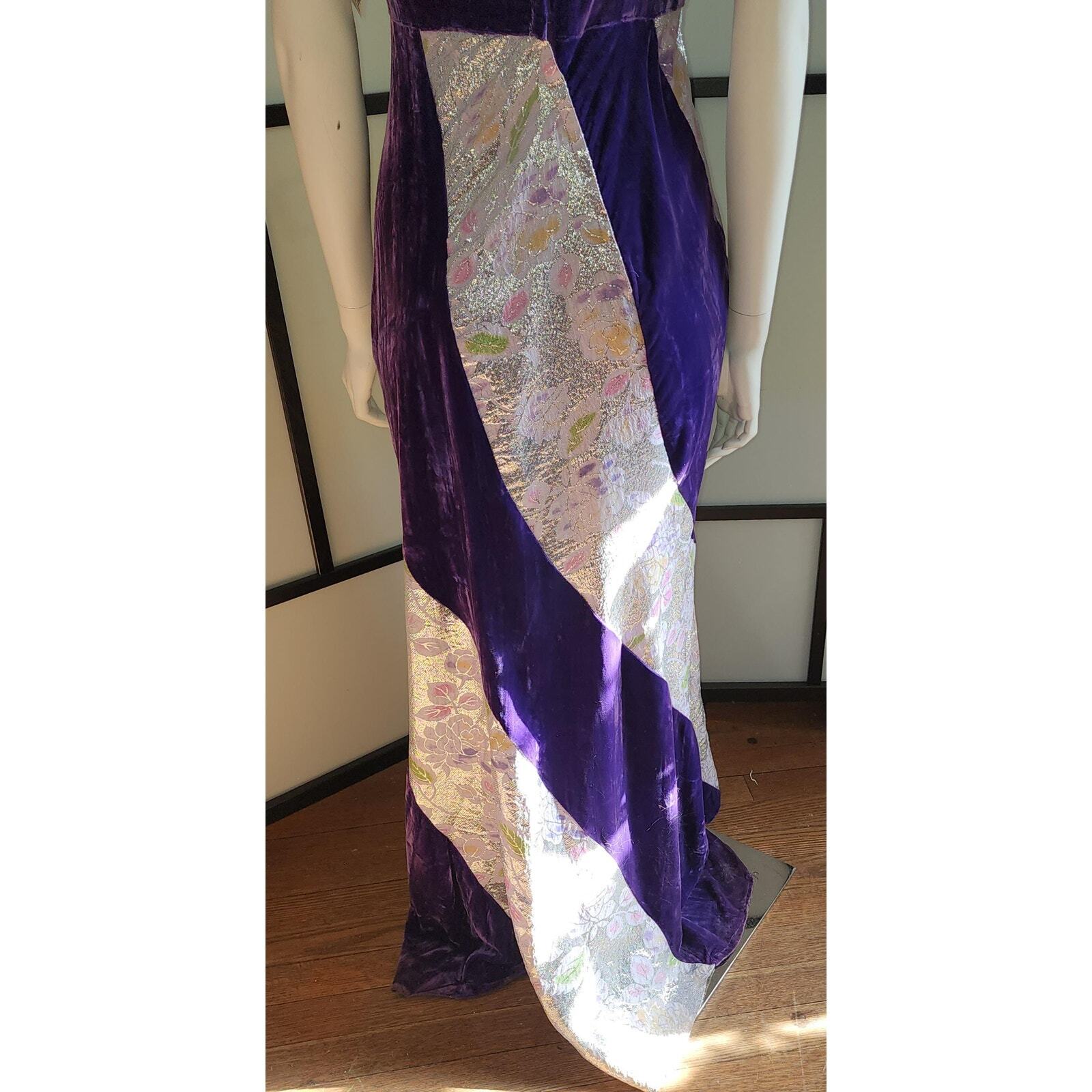 Vtg 60s Long Purple Velvet Gown Silver Metallic Insets Bias Skirt New Orleans S