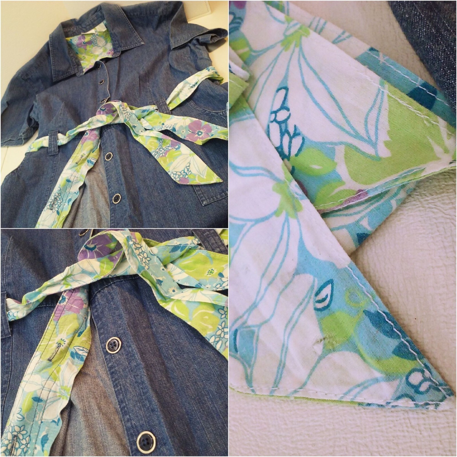 Vintage 90s Erika Denim Button-Front Shirt Dress XL(16) Pockets SSL Floral Belt