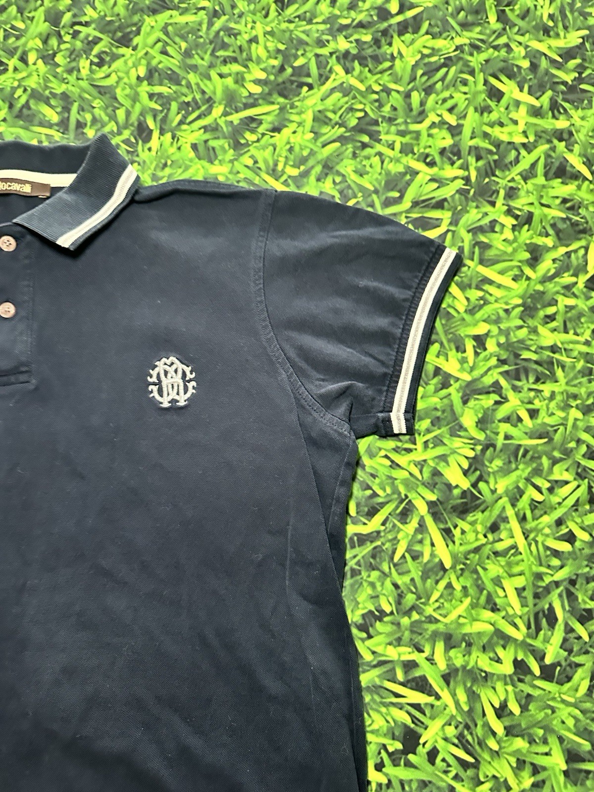 Vintage Y2K Roberto Cavalli Navy Logo Polo Shirt Sz L Preppy Academia Hologram