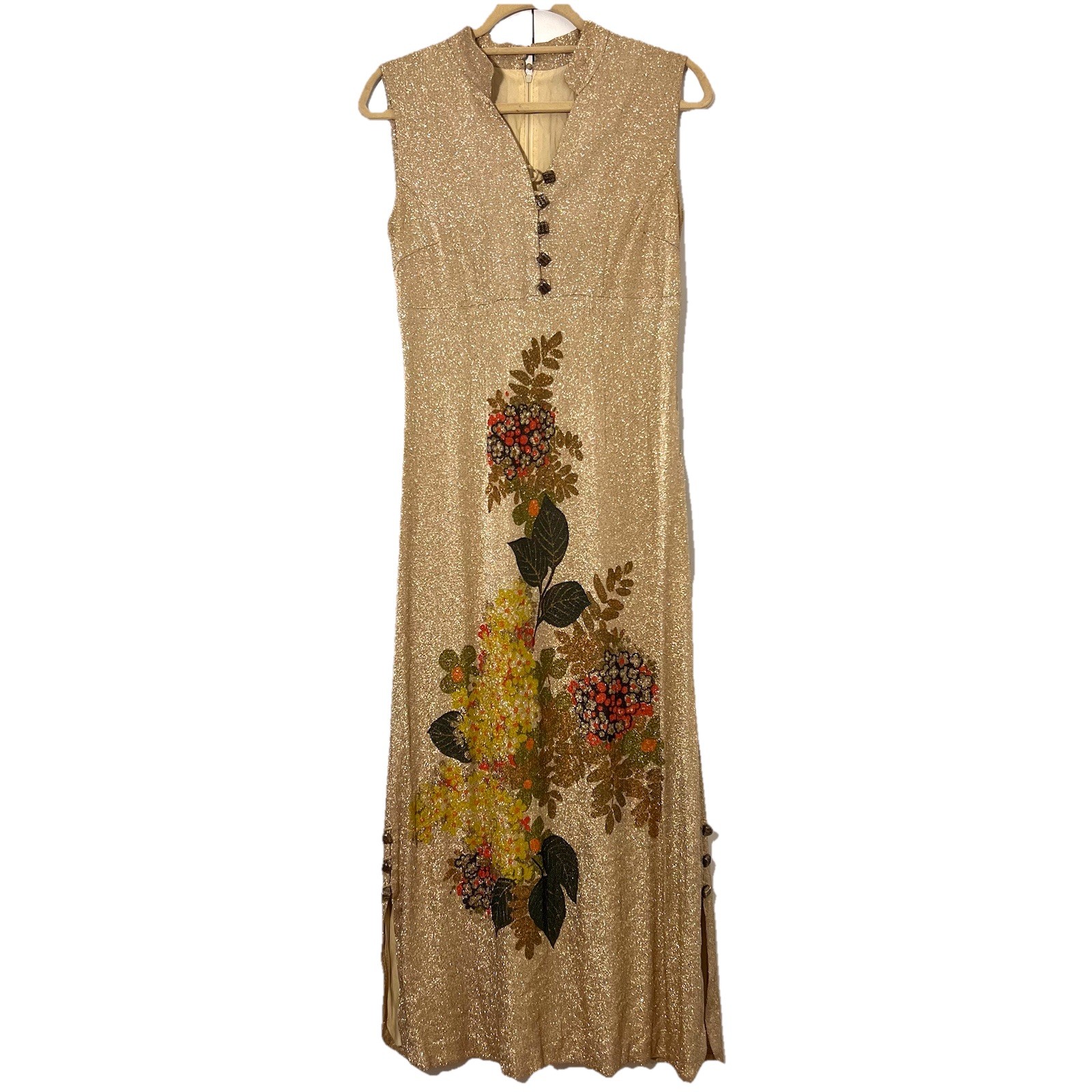 Vintage 70s? Maxi Dress Womens S Metallic Gold Floral Asian Inspired Party