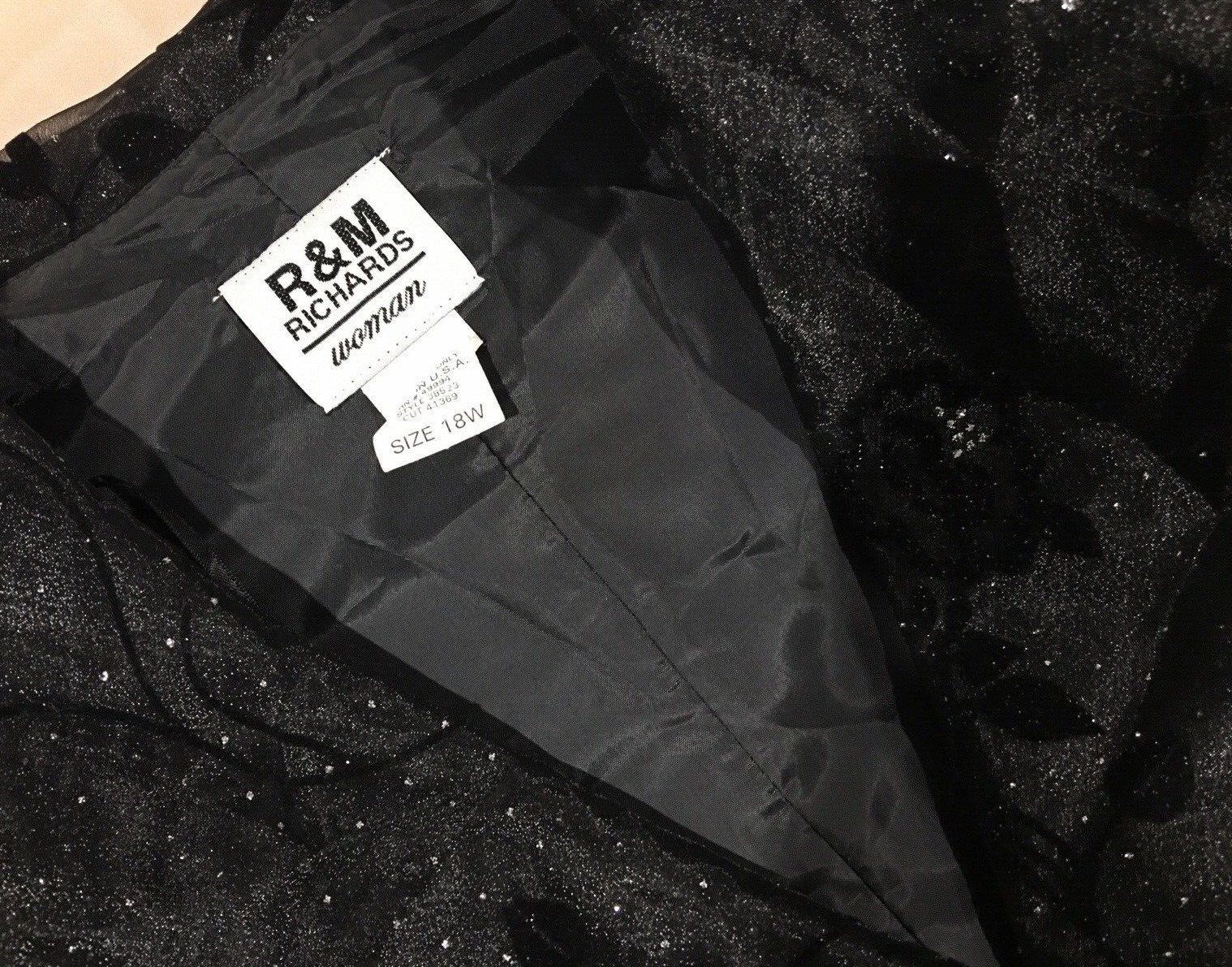 Vtg Black R&M Richards Satin Lined Organza Dress Coat Jacket XL