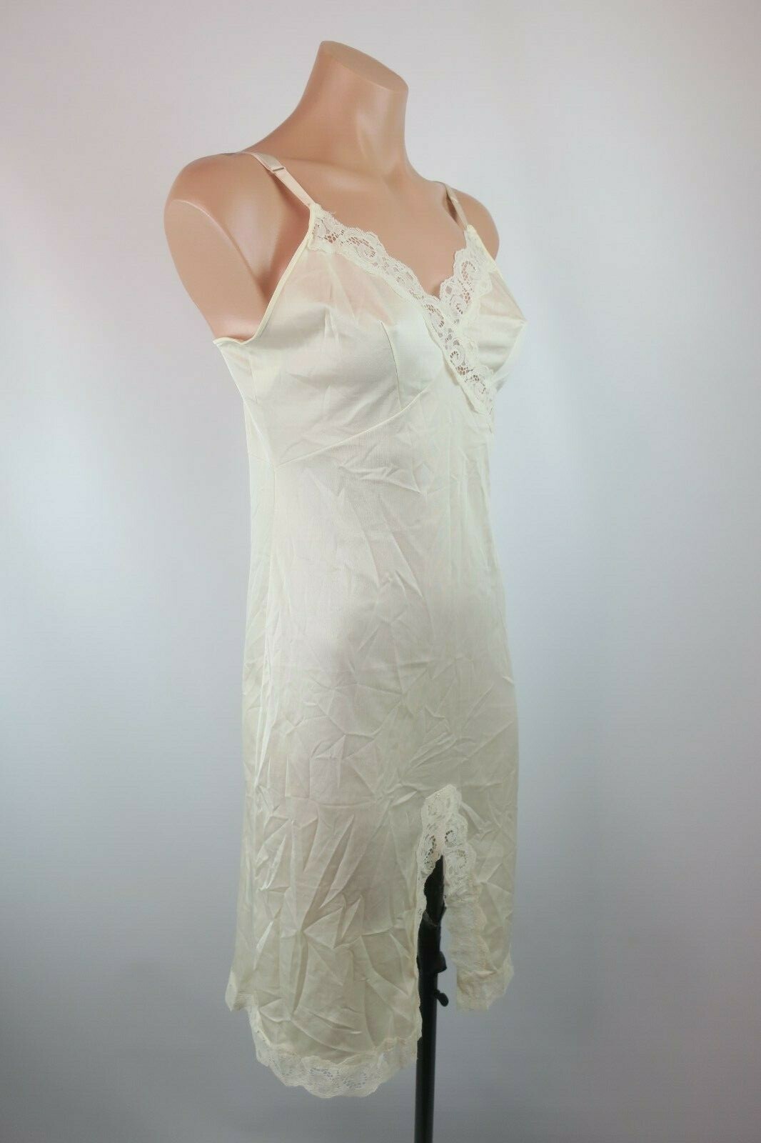 VTG 80s Night Gown French Alencon Lace Texsheen Full Slip Lingerie sz 34 Nude