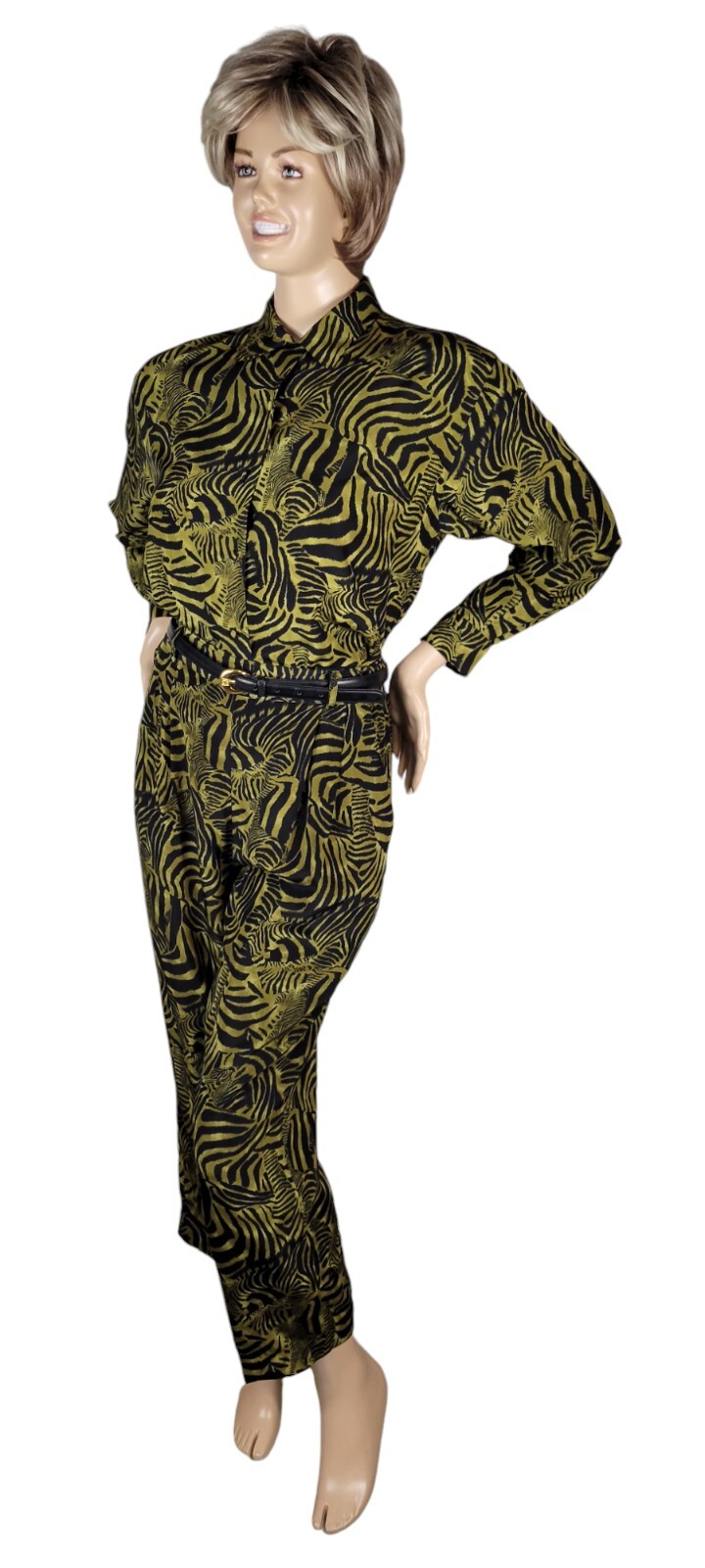 Vintage Ann May 100% Silk Zebra Green & Black Animal Blouse & Pant Suit Set 8
