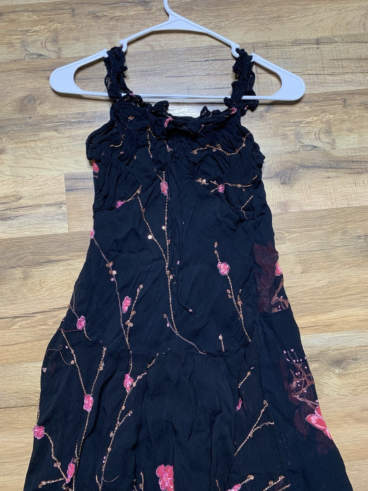 Vintage Papillon Black Rayon Dress, Embroidered Floral Medium