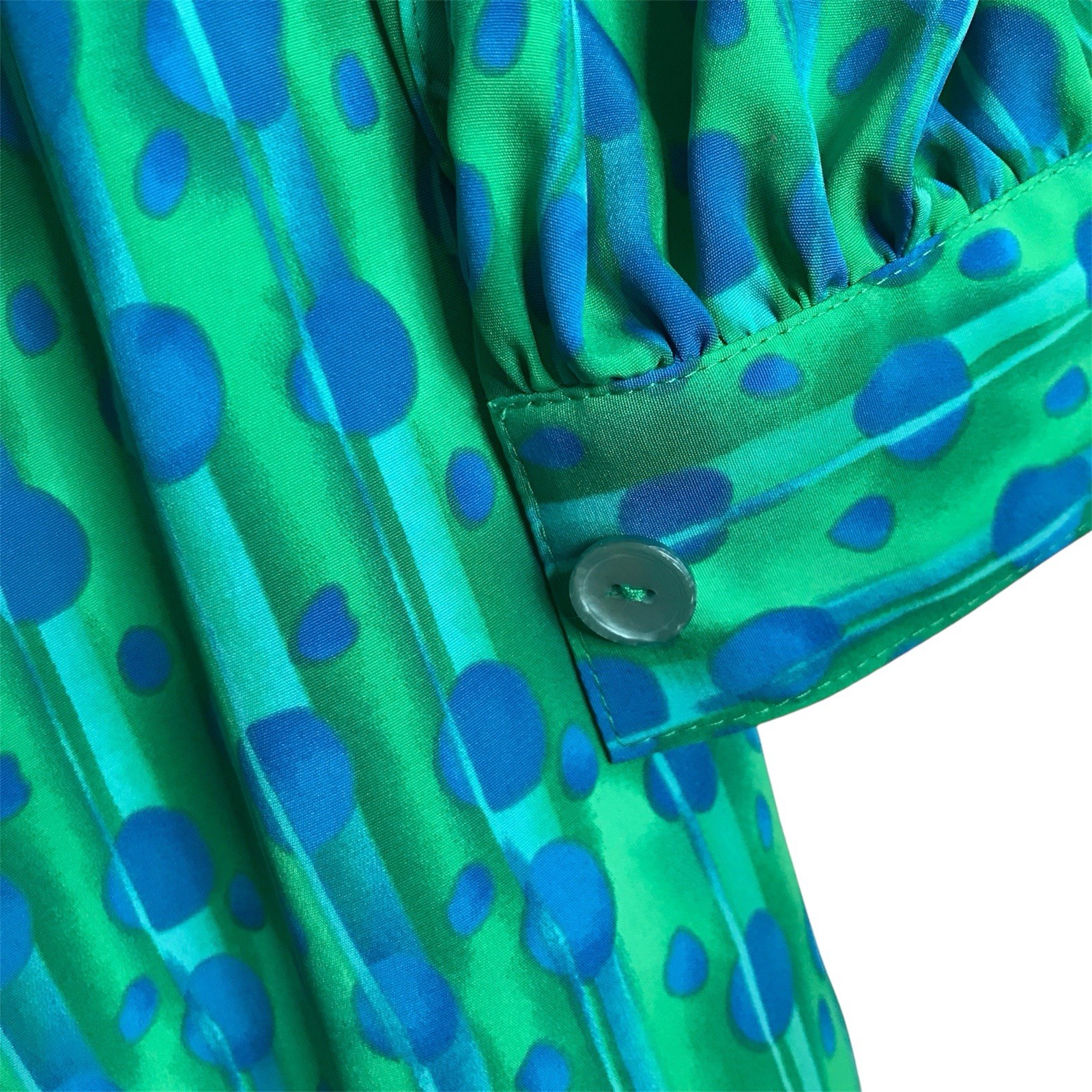 Vintage Dress Sz 10 Long sleeve Abstract Geometric Long Tie Belt Blue Green 70s