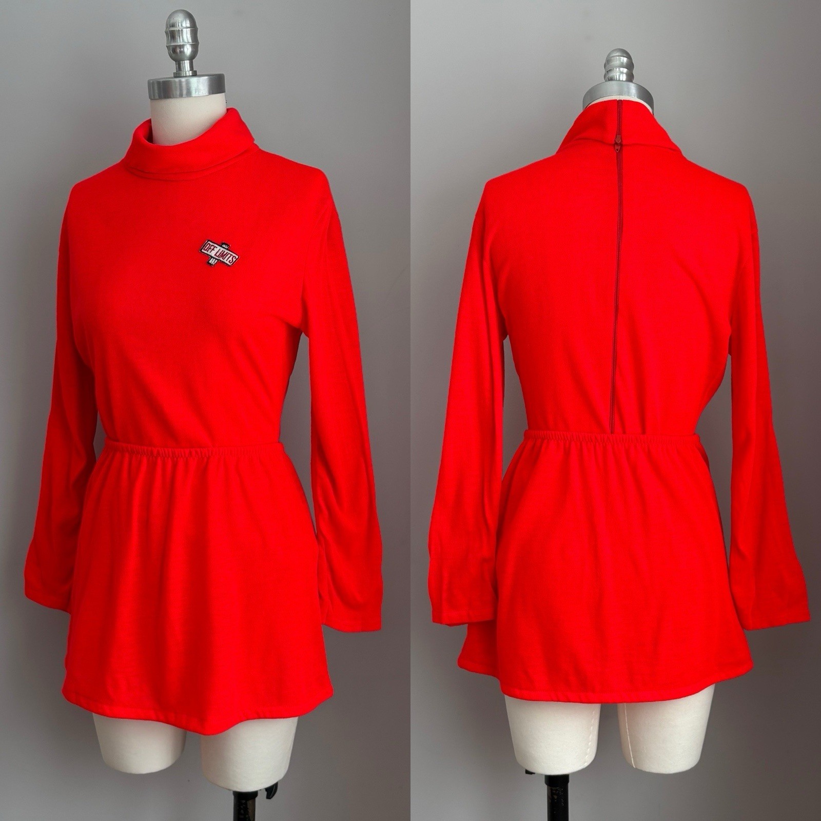 Mod Vintage 1960’s Red “Off Limits” Patch Bodysuit Top & Mini Skirt Set S/M