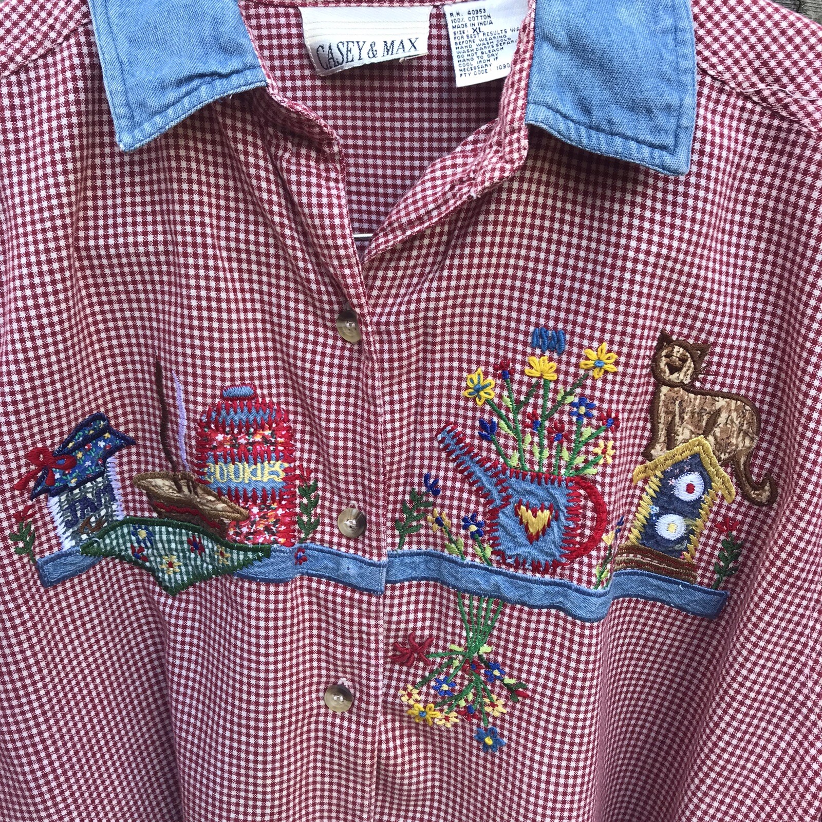 Women’s Vintage 80’s Cottage Core Gingham Bouquet Long Sleeve Blouse Shirt XL