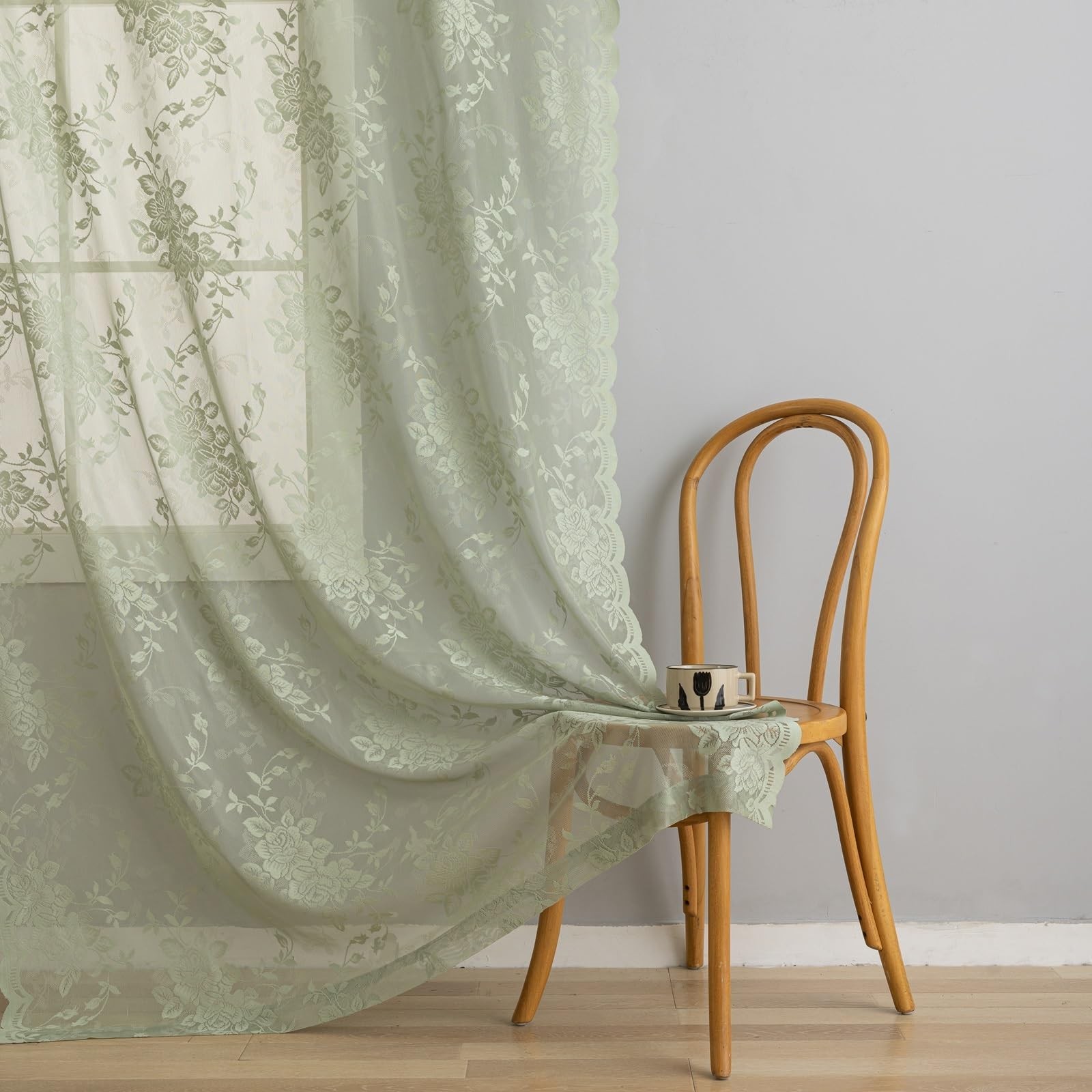 YJ YANJUN Sage Green Lace Curtains 84 inches Long Vintage Victorian Floral Sh…