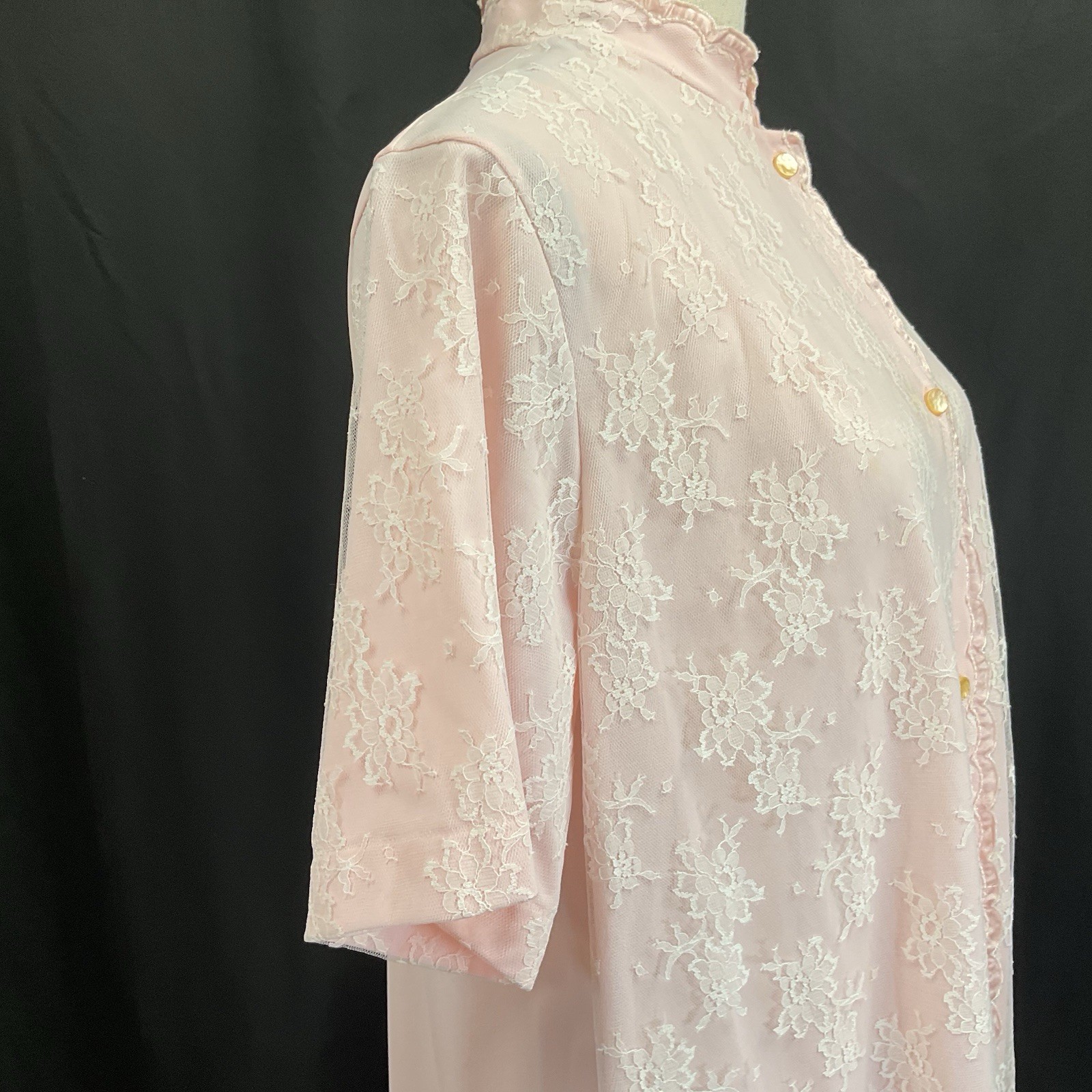 Vintage 1960s San’s Souci Pink Lace Peignoir Robe Nylon Sheer Lace Overlay Sz 14