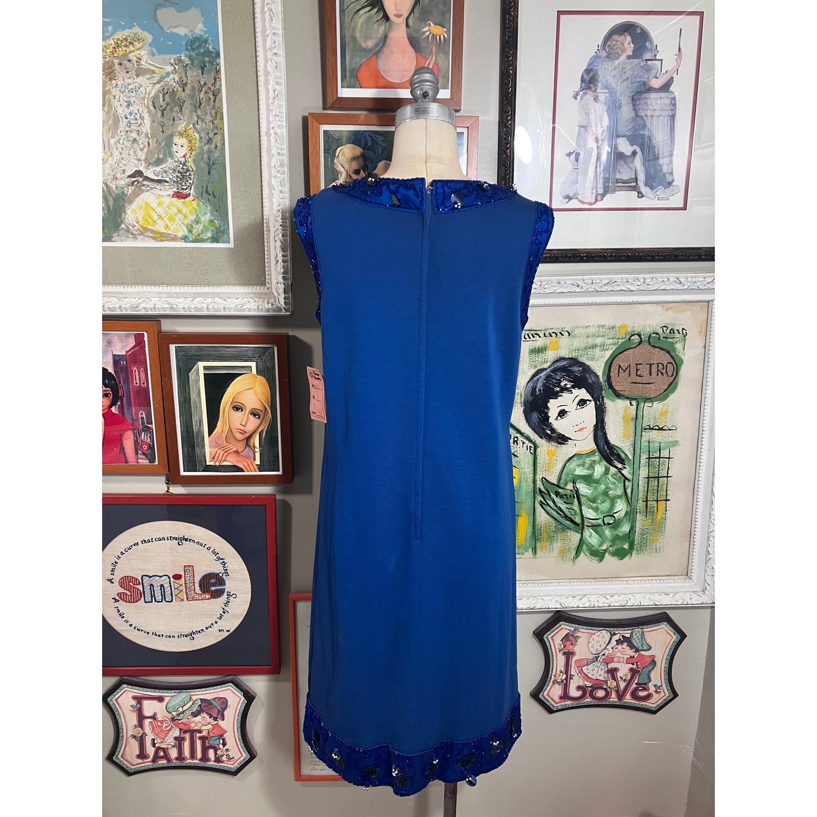 Palio 1960s 100% Virgin Wool Royal Blue Sleeveless Dress Beaded Trim Hong Kong