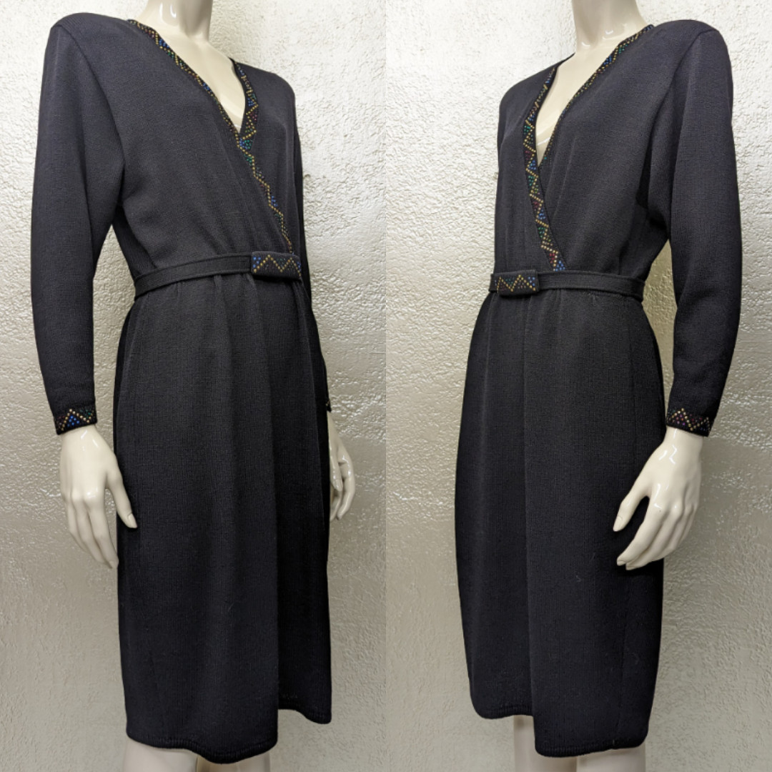 Vintage 1970s Ladies ST JOHN MARIE GRAY Black Knit Sweater Dress Studded w/Belt