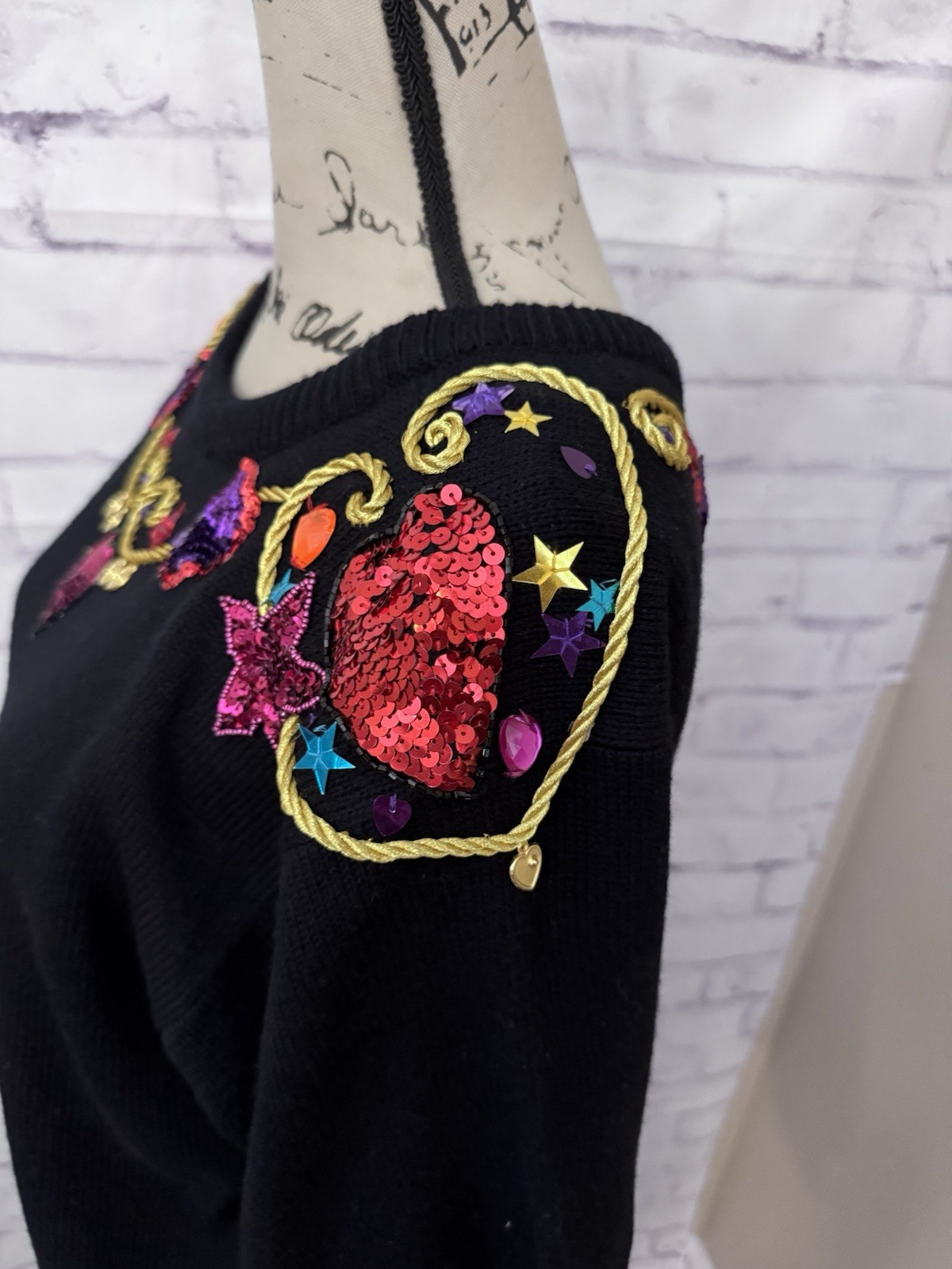 Plain Jane Sz L Black Sweater Dress Ugly Retro Maximalist Bling Sequin Novelty