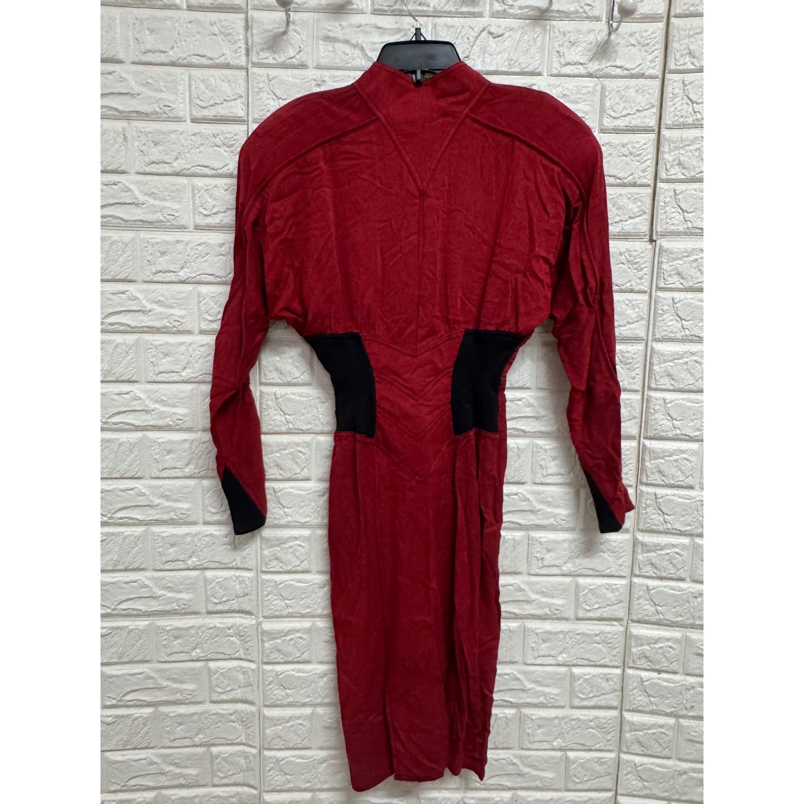 Vintage IIF Red Rayon Button Front Mock Neck Power Shoulder Midi Dress Size 4