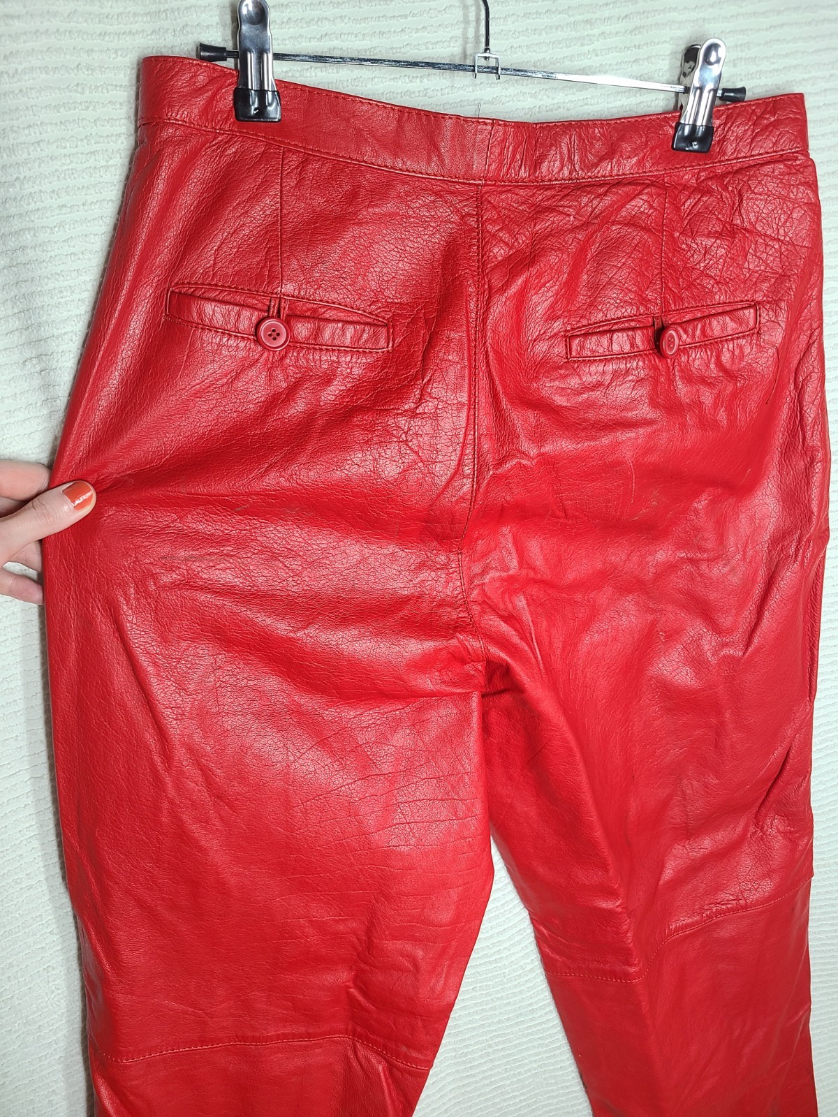 Vtg 80s Red Leather Pants Pleated High Waist 13/14 Mom Jeans Genuine Raw Hem