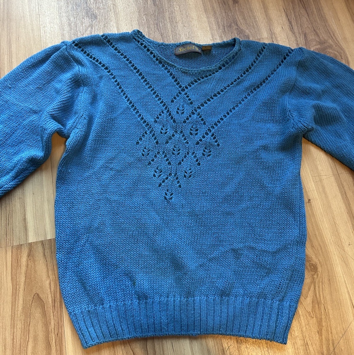 Vintage Women’s Sweater Grandma Blue Size M 80s Acrylic Wool Blend Long Sleeve