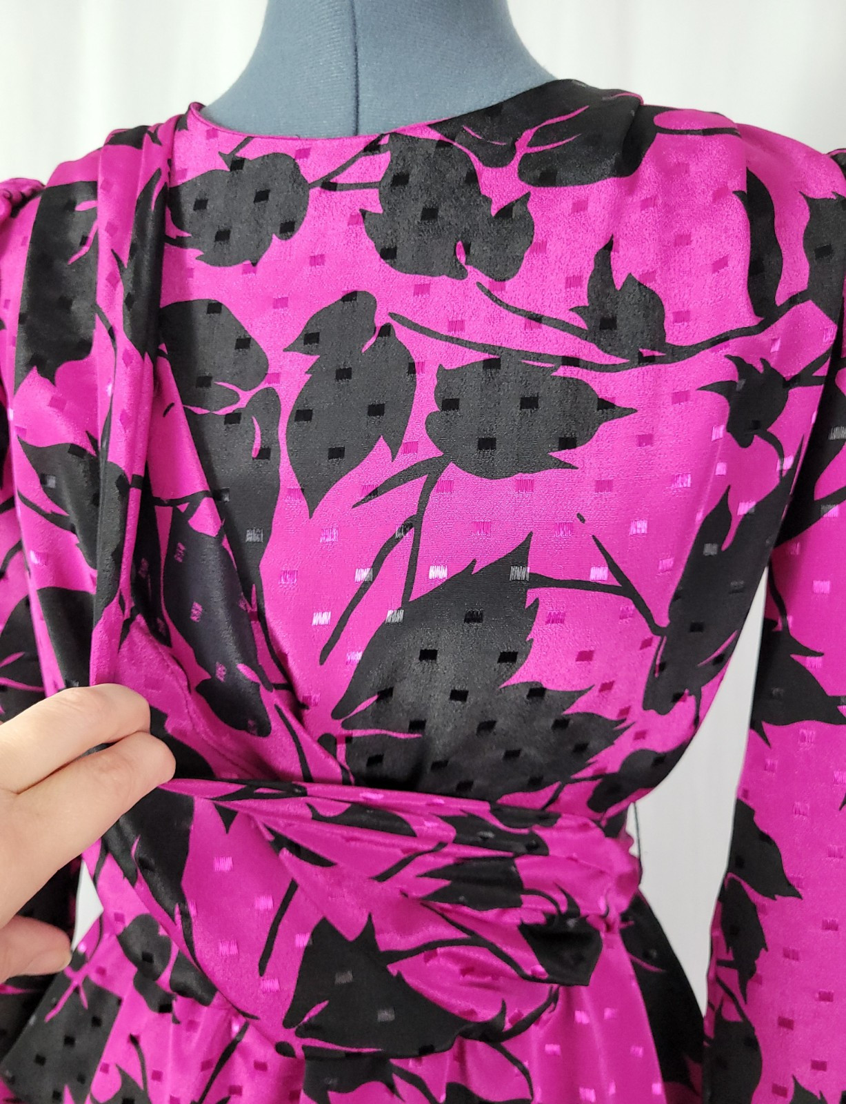 Vintage Jody of CA Pink & Black Faux Wrap Dress w Peplum & Tie Back Size 3/4
