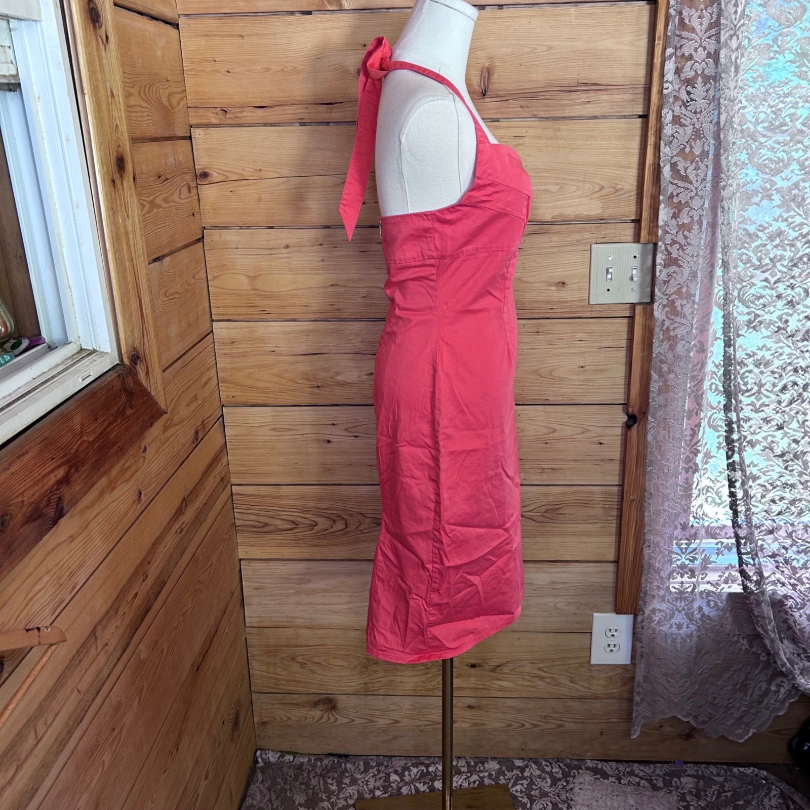 Vintage Halter Wiggle Dress Women Large Coral Pink Ruched Sweetheart Sweet Soul