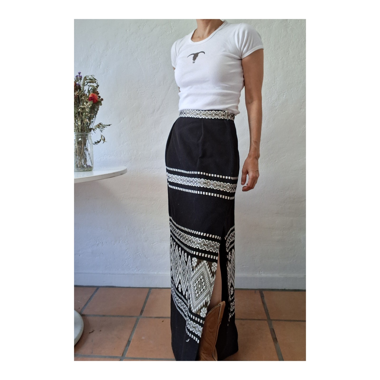 Mid Century Lanza Mexican Tourist Skirt Black Gold Silver Threaded Cotton Maxi