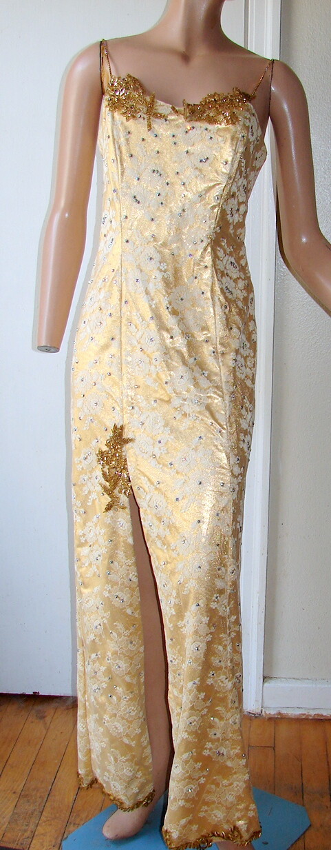 1980s GOLD LONG DRESS w/Lace and Rhinestones; Fancy Trim d1-2