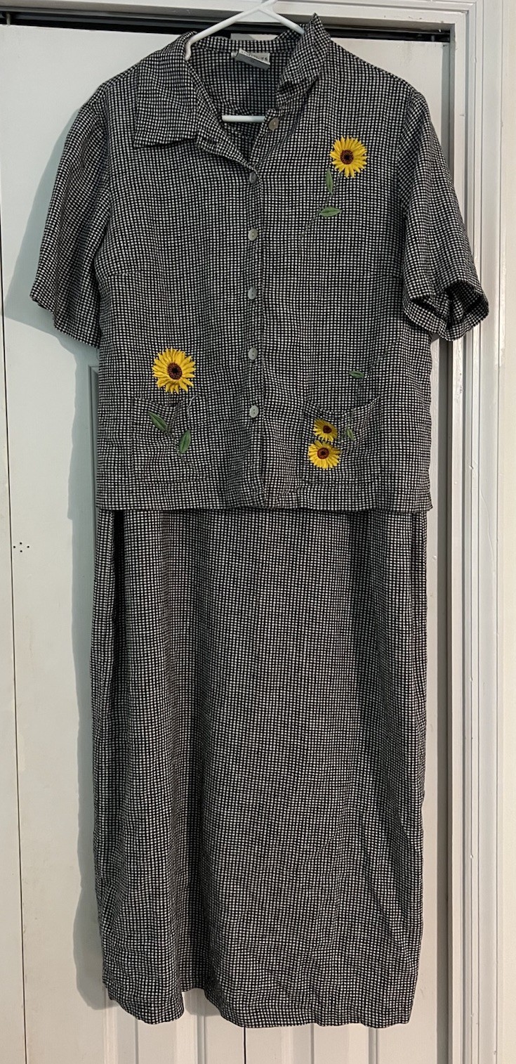 Vintage Womens Ultra Dress & Jacket 16wBlack White Gingham Sunflowers Embroidery