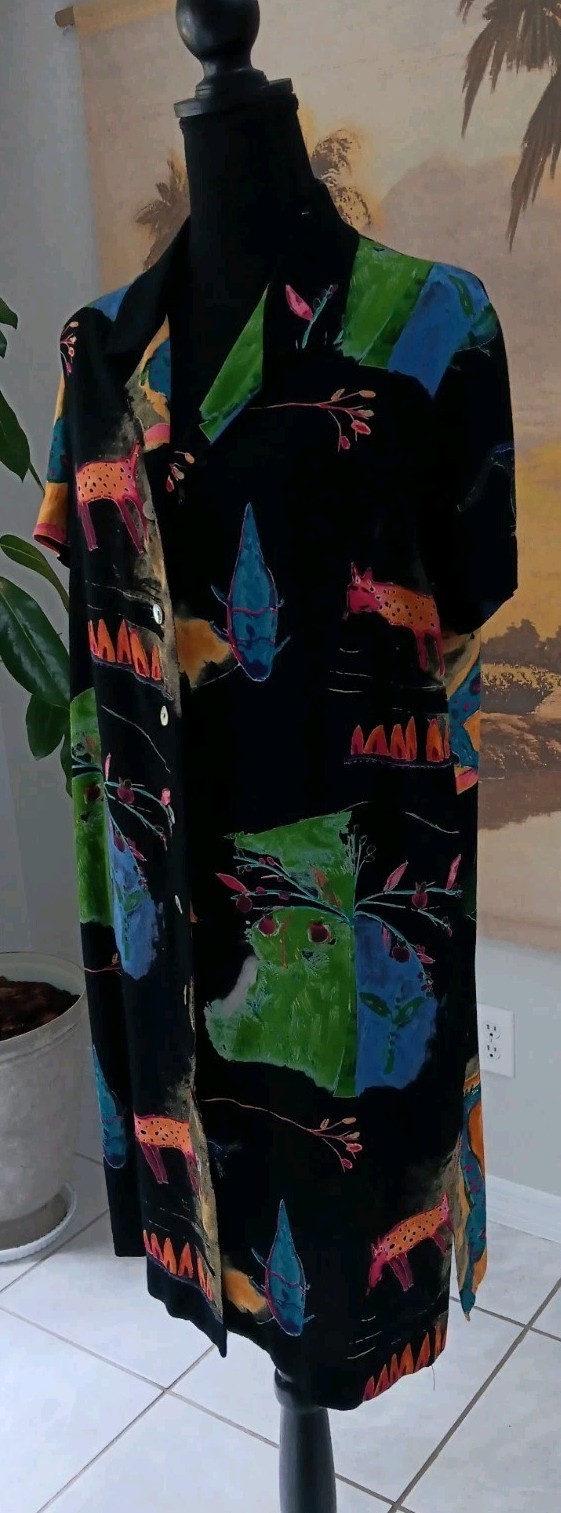 Vtg Jeffrey & Dara Button-Up Shirt Dress, Medium?, 90s Wearable Art, Cats, Fish