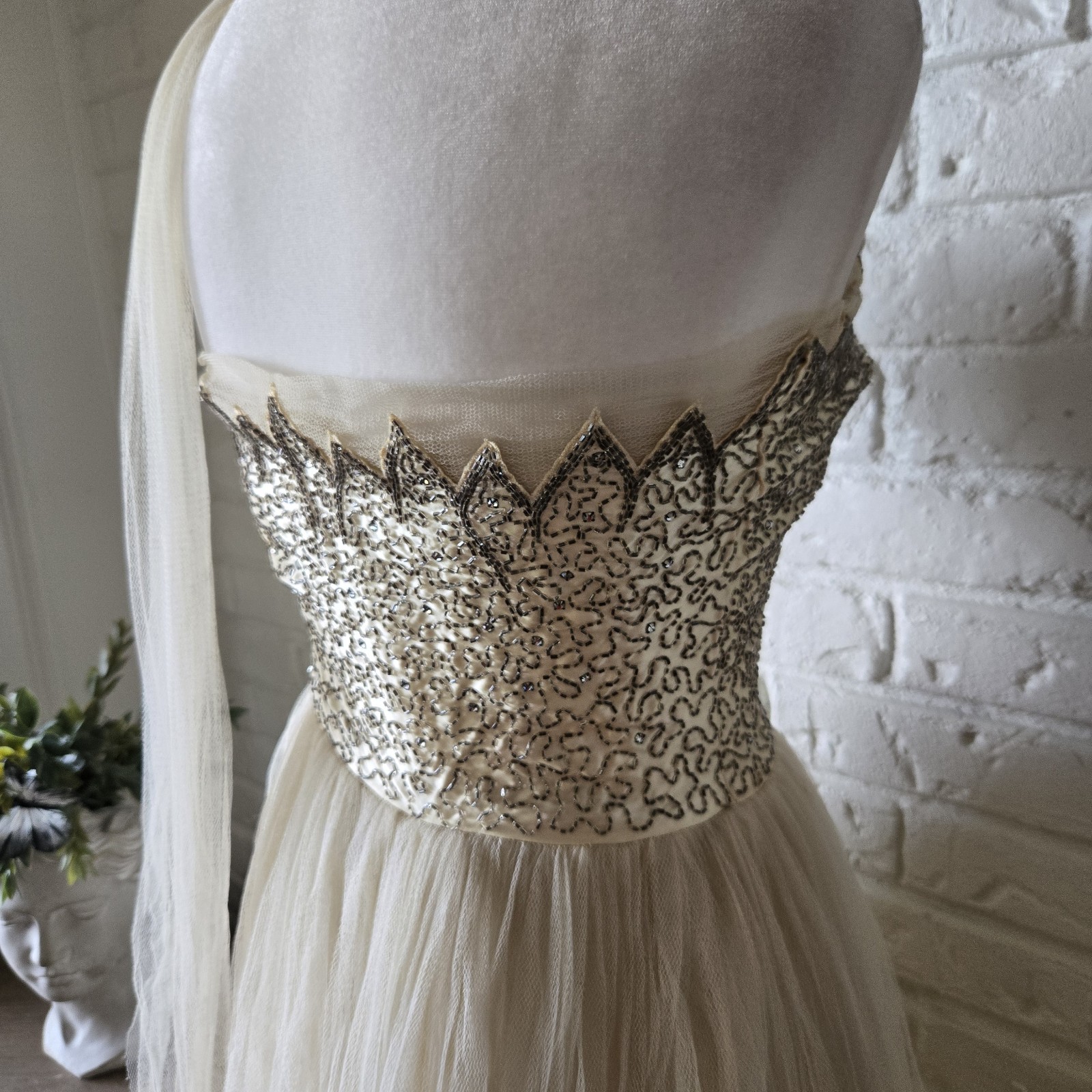 Vtg 1950s Ivory Tulle & Satin Embellished Gown, Party Dress, Wedding, XS/2