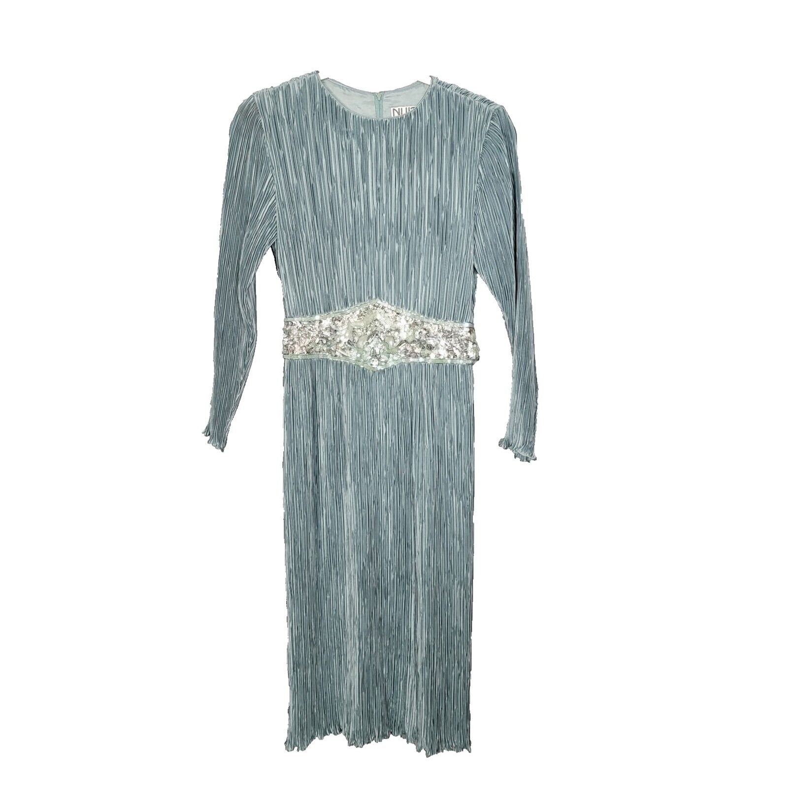 Nuit Dress XS Plissey Vintage Aqua Pleated Sequin Beaded Union Made Glam