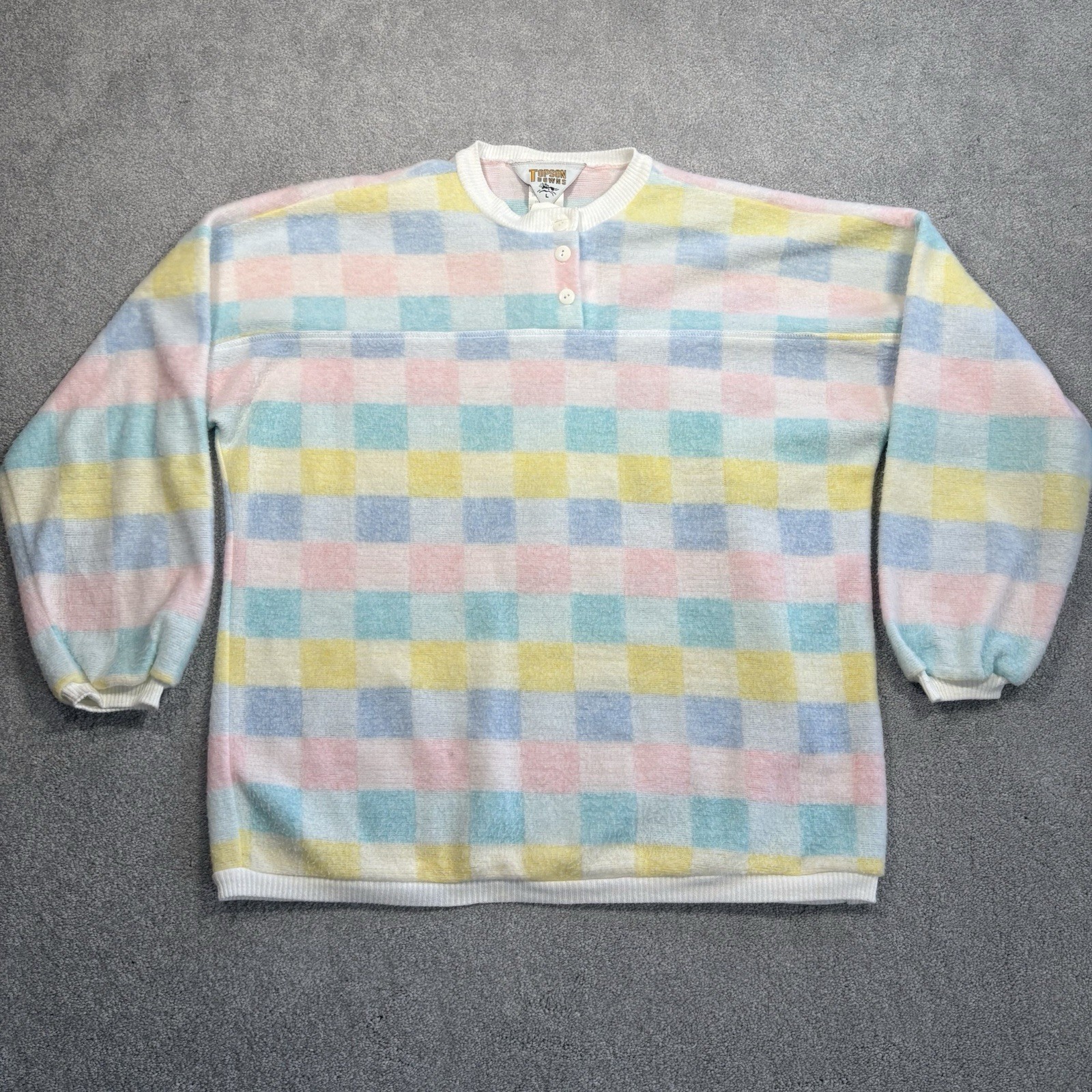 80s Fleece Sweater Color Block Pastels Tops Downs Vintage Pullover Women’s L