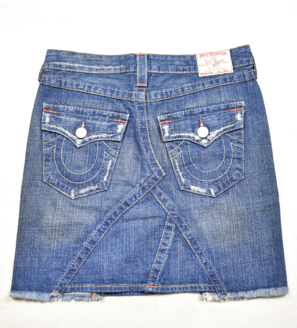 Y2K TRUE RELIGION Joey #18609 Mini Denim Skirt Distressed Flap Pockets 27 VTG