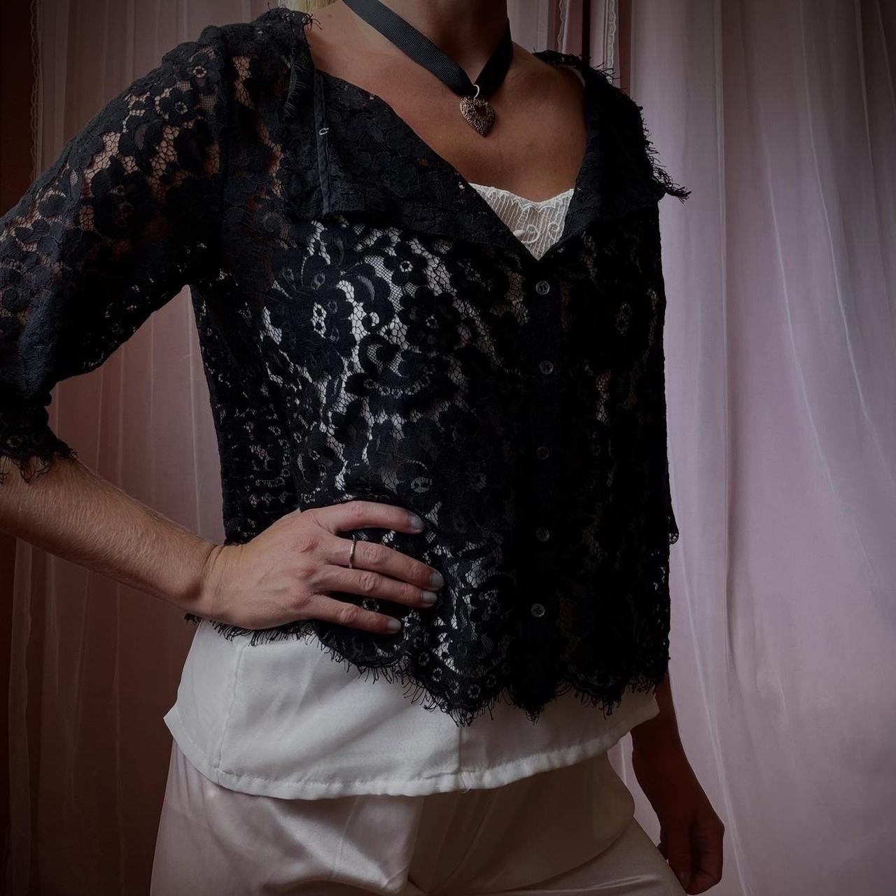 1950s handmade black lace sheer blouse