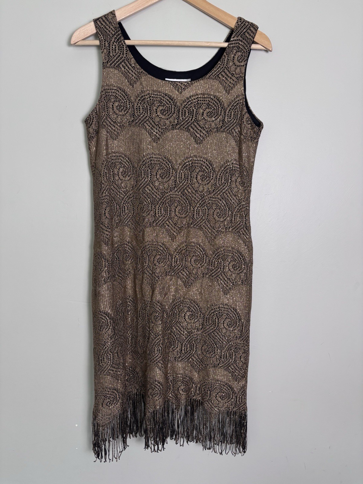 VTG 90s S.L. Fashions Gold Crochet Fringe Trim Party Dress-Size 10P-Flapper
