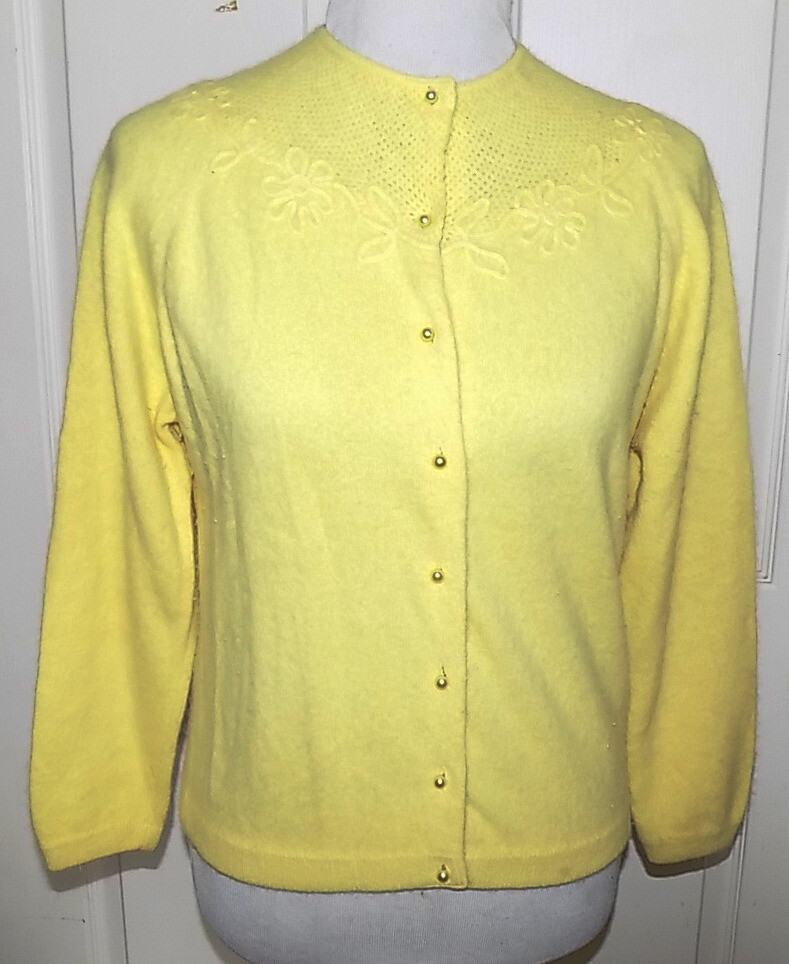 Vintage Lemon Yellow Angelon by Darlene Sweater Cardigan Angora Lambswool B38