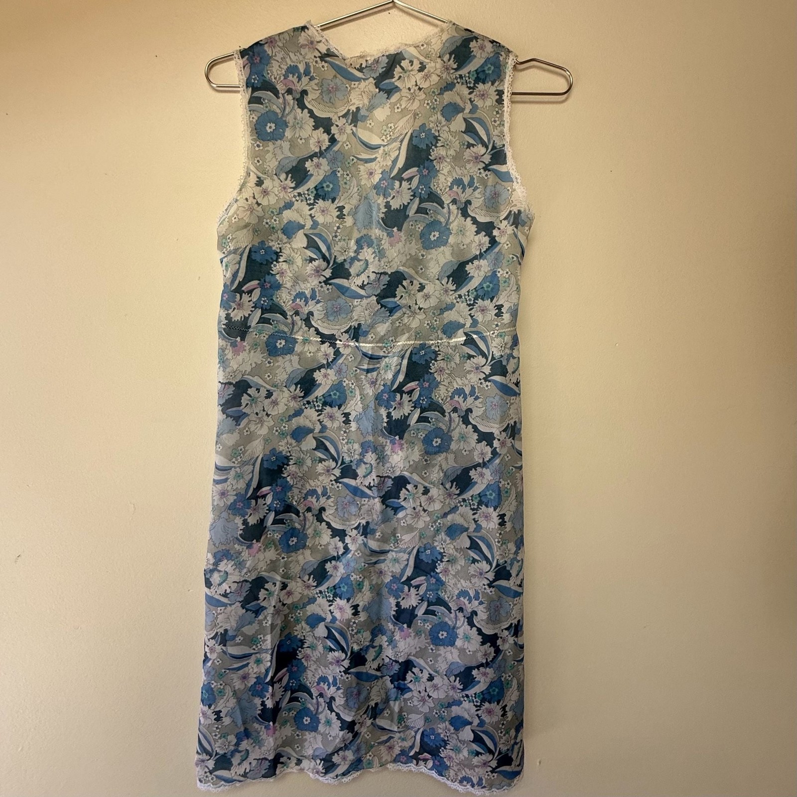 Vintage Floral Lace Trim Nightgown Blue White Chiffon Chemise Nightgown