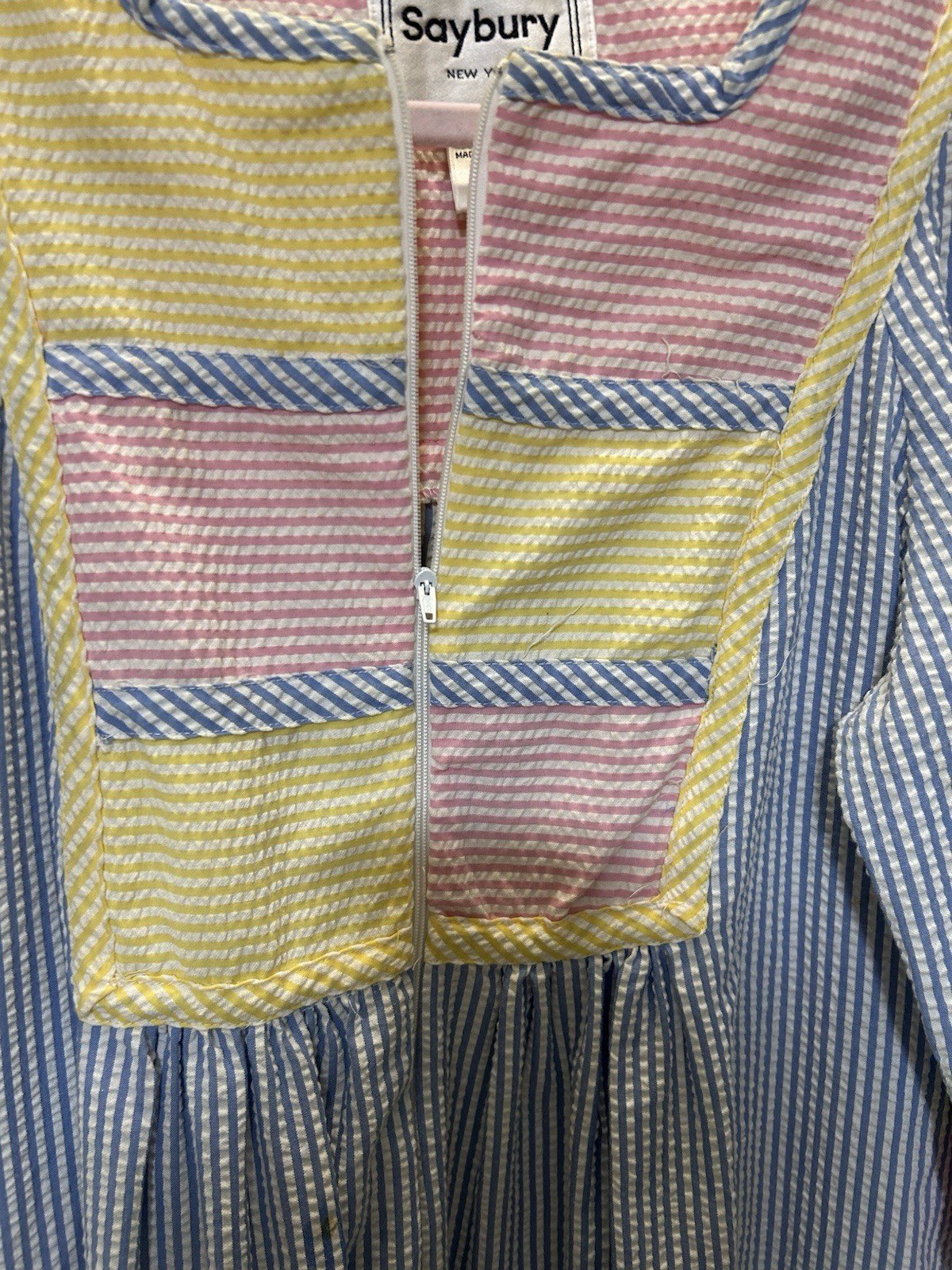 Vintage 80s Saybury Seersucker Pastel Colorblock House Dress Petite Fits S/M