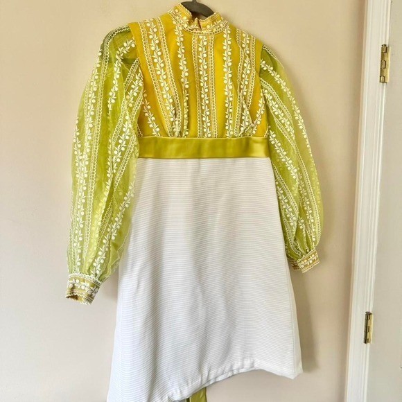 60s Chartreuse Green / Mustard Yellow White Mini Dress Balloon Sleeve Empire