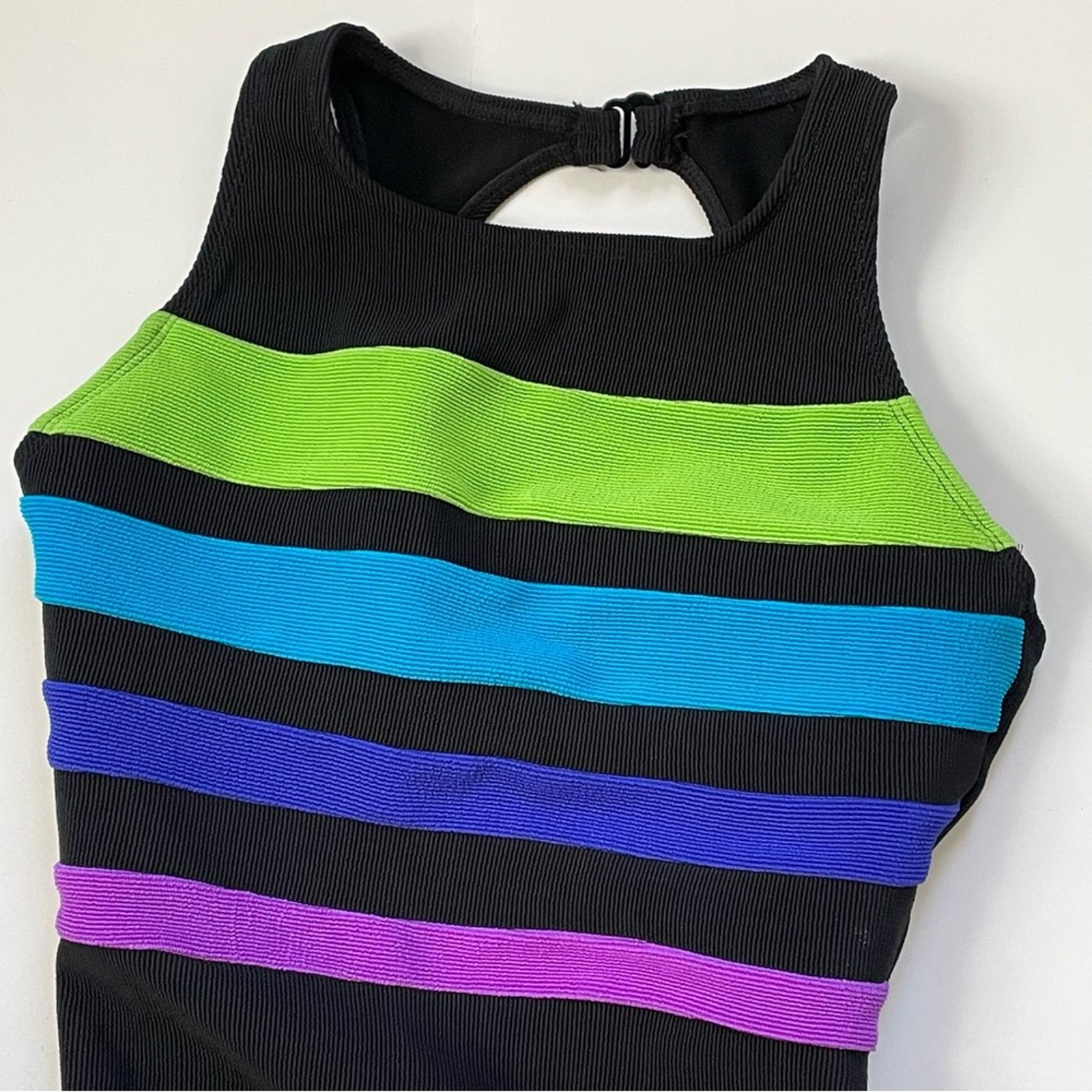 Cazimi Ribbed Neon Striped One Piece Swimsuit Bodysuit 6 Black Blue Purple Green