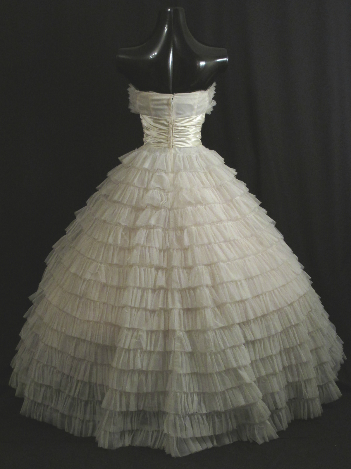 Vintage 1950’s 50s STRAPLESS White Chiffon Taffeta Prom Party Wedding Dress Gown
