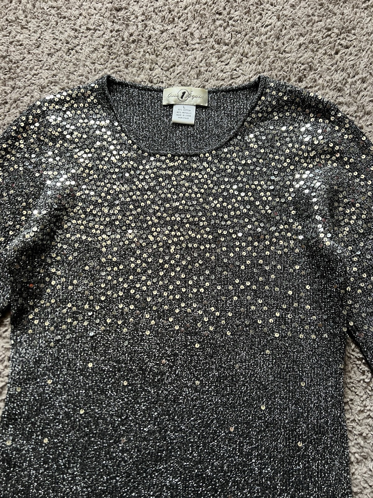 Vintage Y2K 90s Evening Top L Silver Sequin Metallic Knit Long Sleeve Whimsigoth