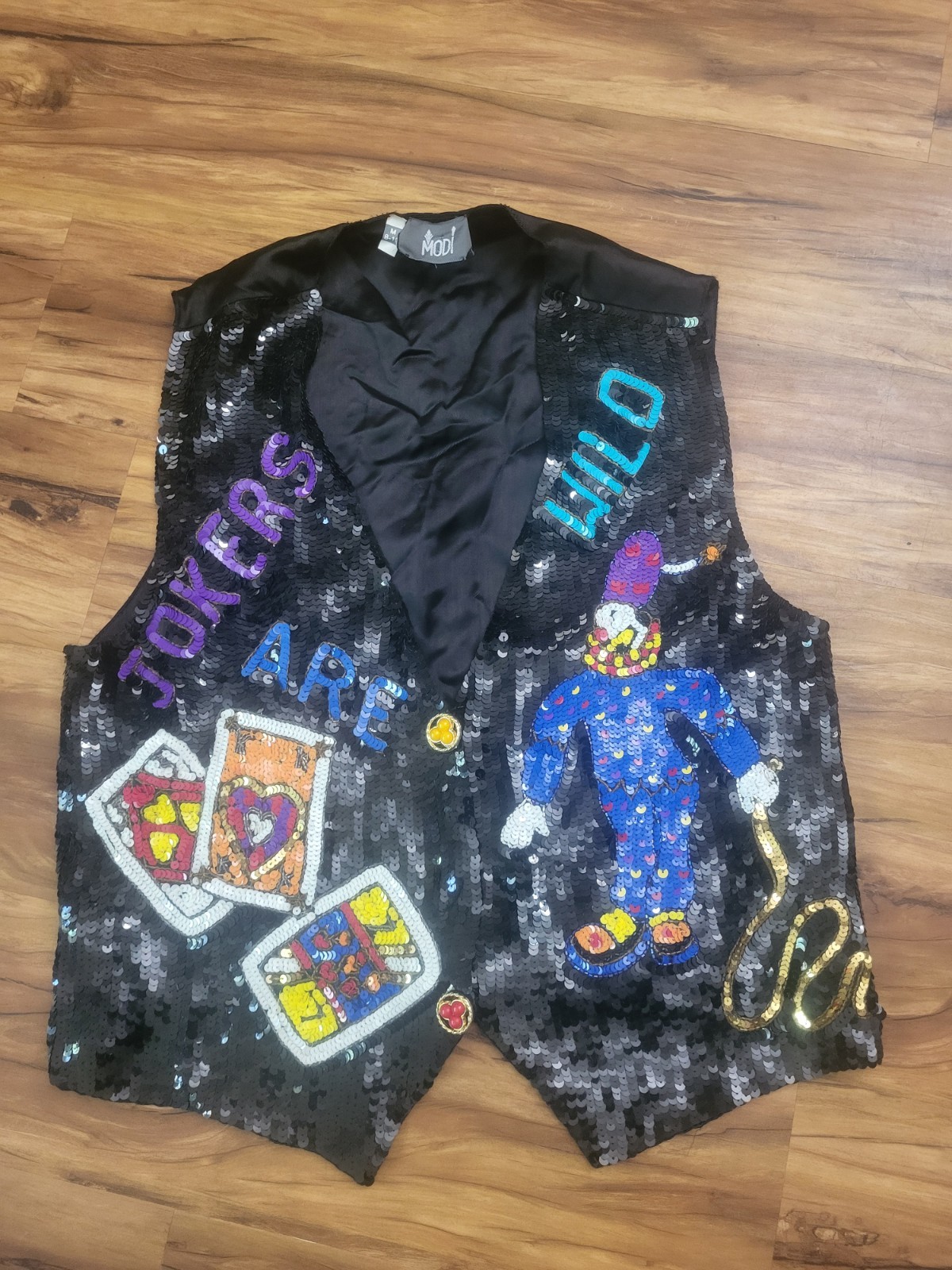 Vintage Modi Sequin Vest, Jokers Are Wild, Womens Medium 8-10, Clowns, Cards