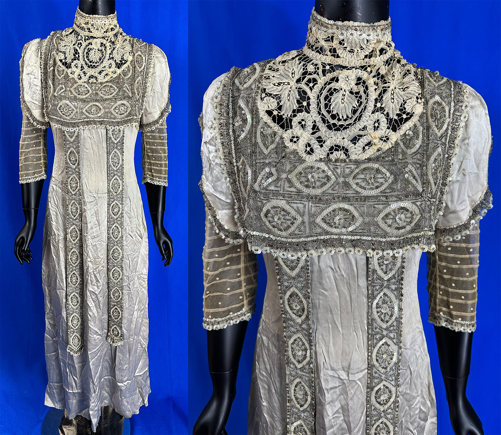 Edwardian Titanic Gray Silk Princess Line Lace Silver Sequin Beaded Ball Gown
