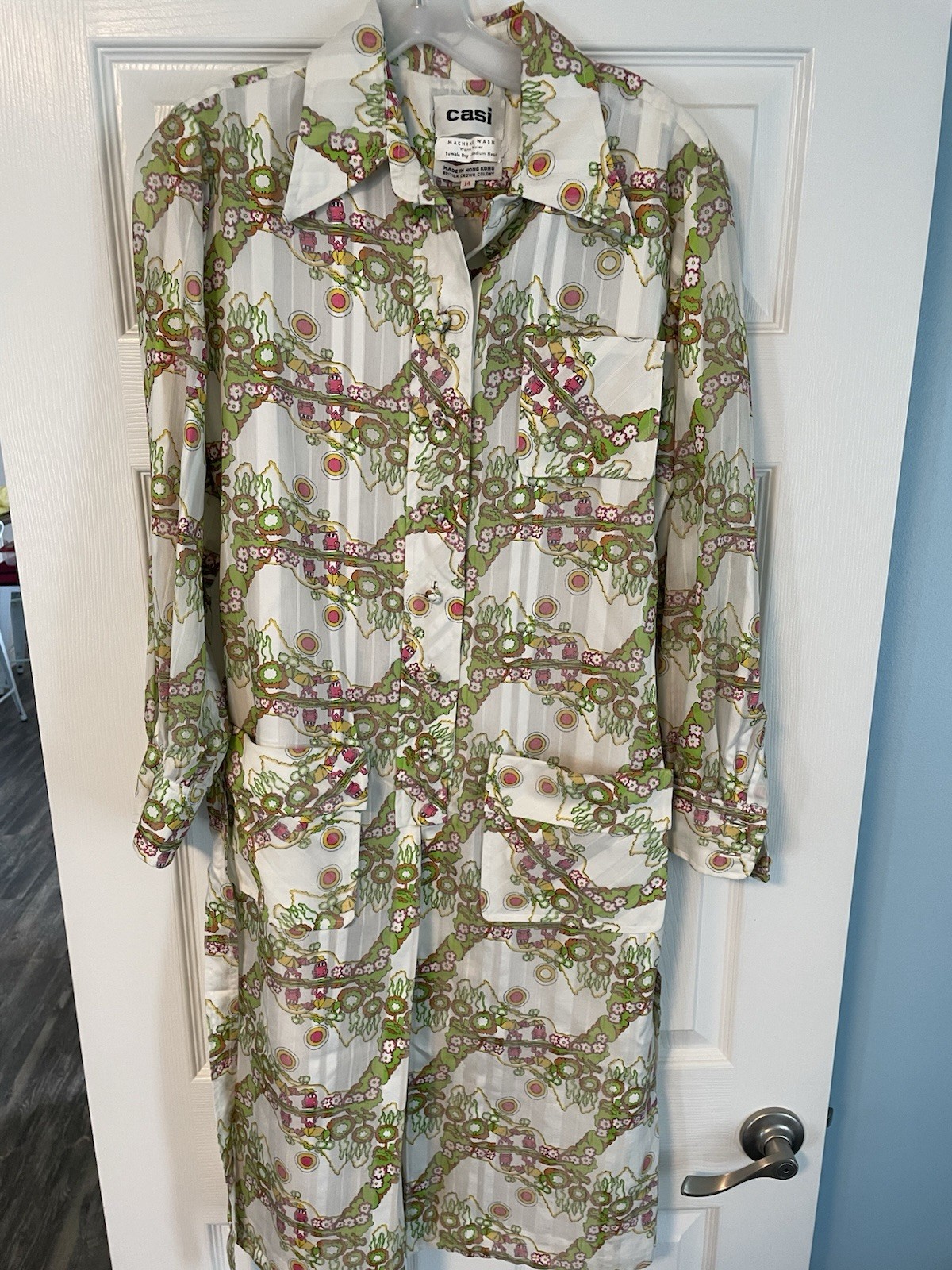 70’s Casi Shirt Waist Dress Vintage Size 14 White Green Pink Volkswagen Bug