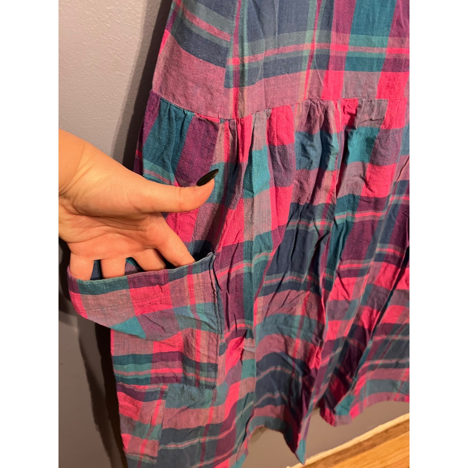 Vintage Unbranded Handmade Women’s Jumper Dress Pink Blue Plaid Country No Tags
