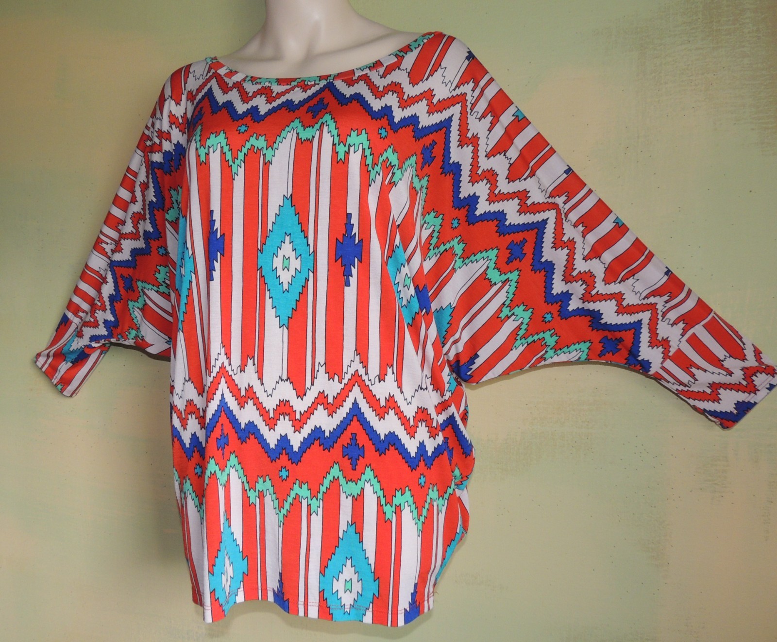 Vintage 80s Batwing Top: Tribal Print, Disco Party Shirt