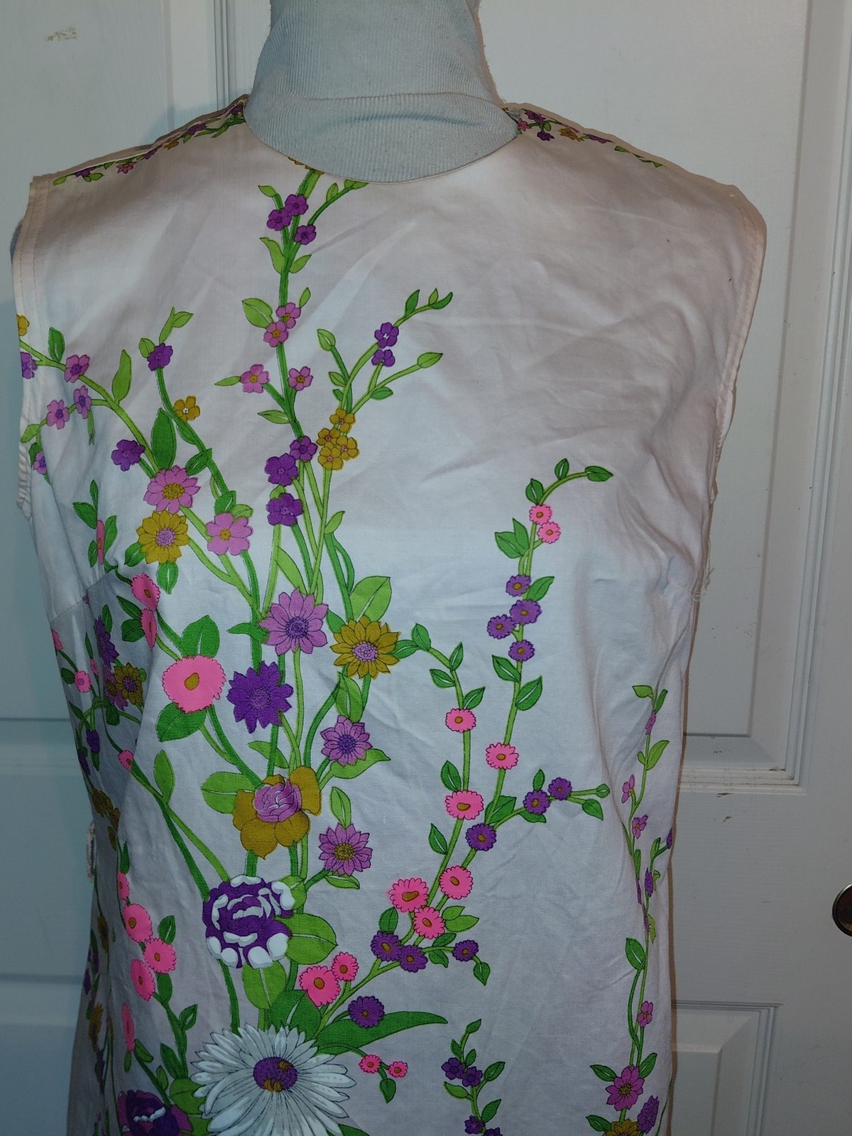 Vintage 60s Pink Floral Cotton Shift Dress Liberty Circle Sleeveless B40
